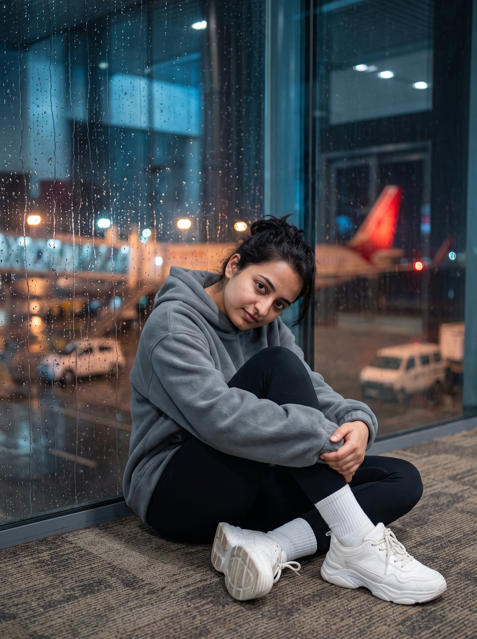 Rainy night terminal airport prompt example