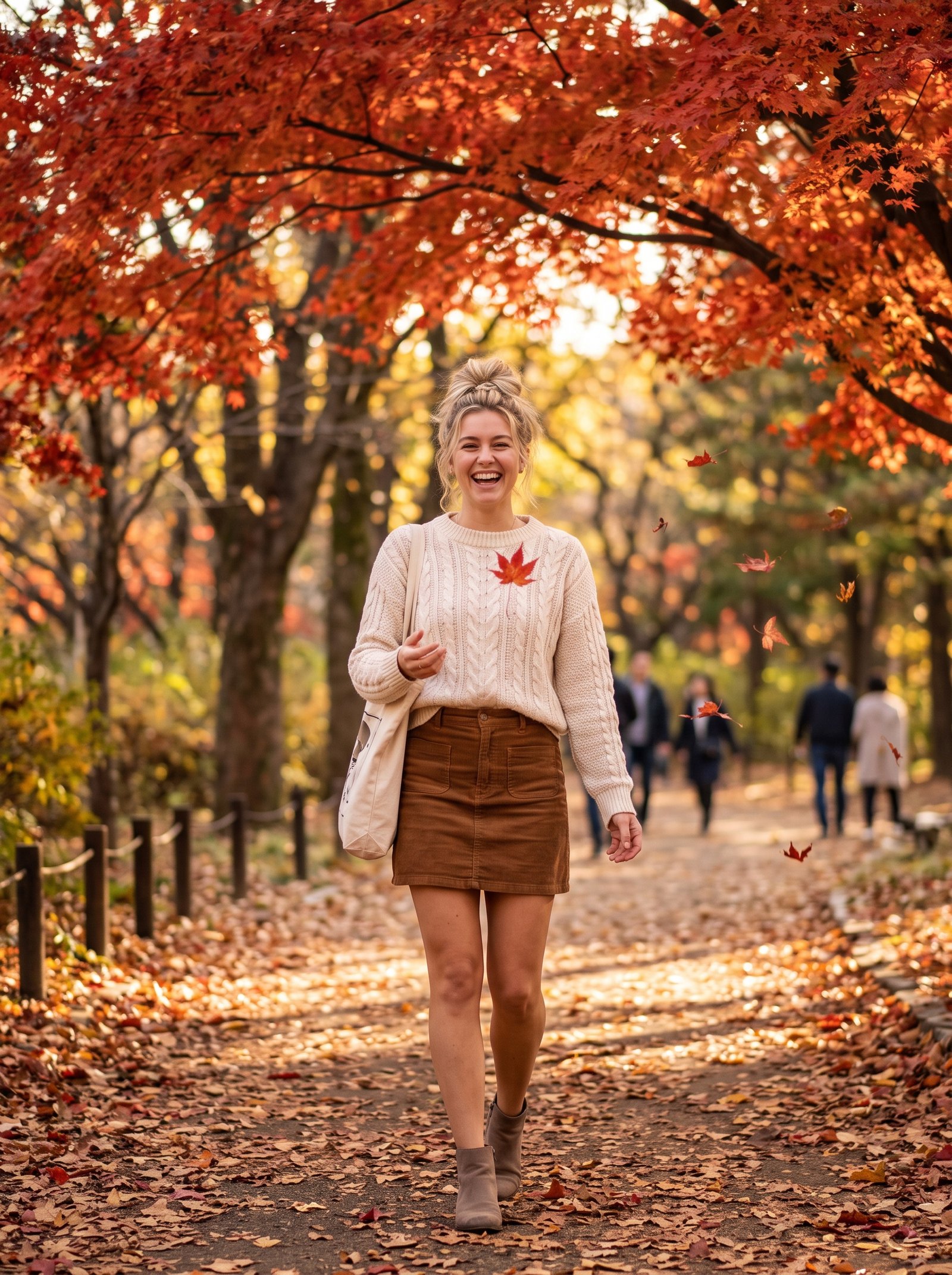 Maple park leaf-trail autumn portrait - cream cable-knit sweater under red maple canopy