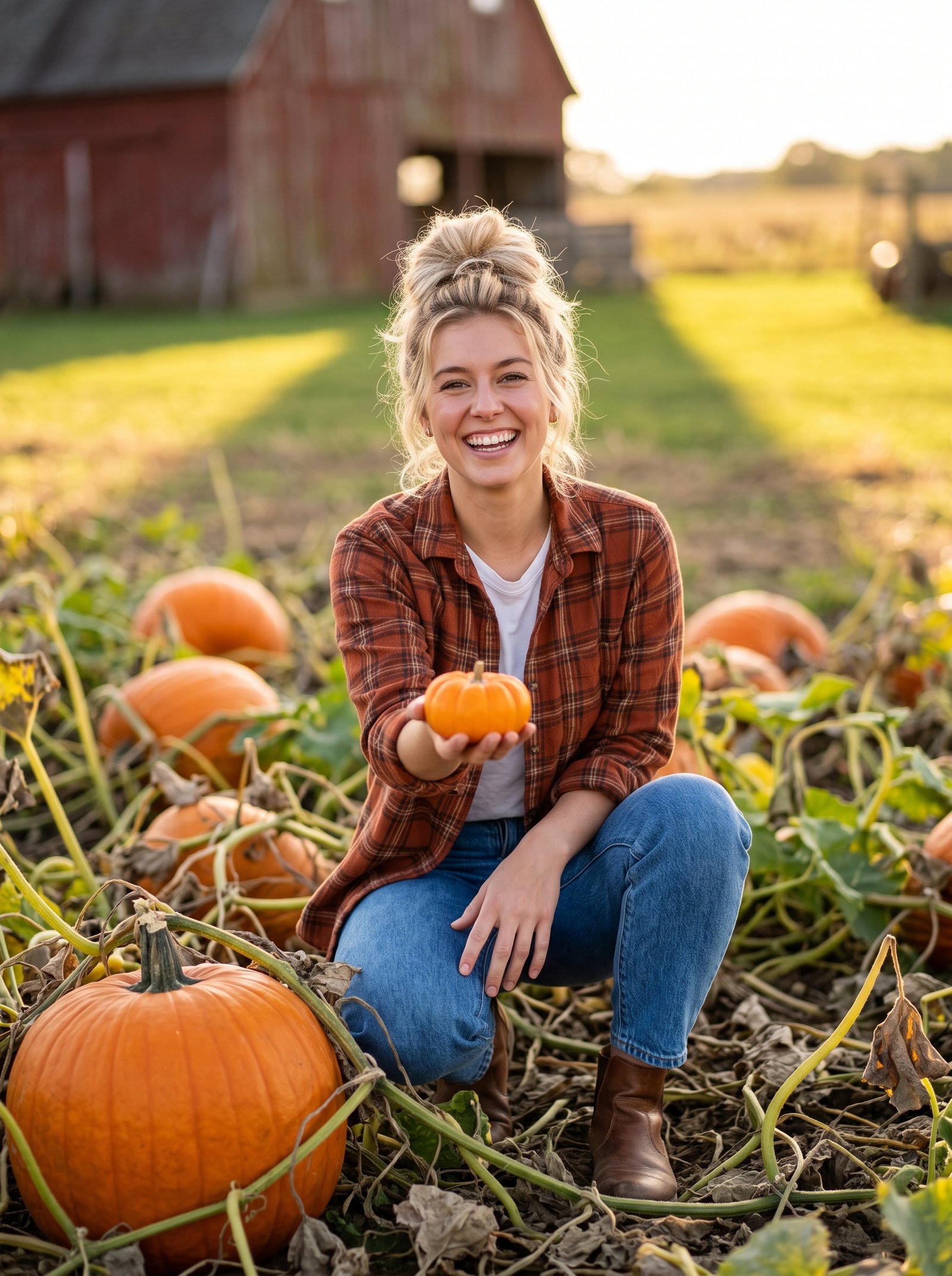 Pumpkin patch golden hour portrait - girl with mini pumpkin, plaid flannel and barn