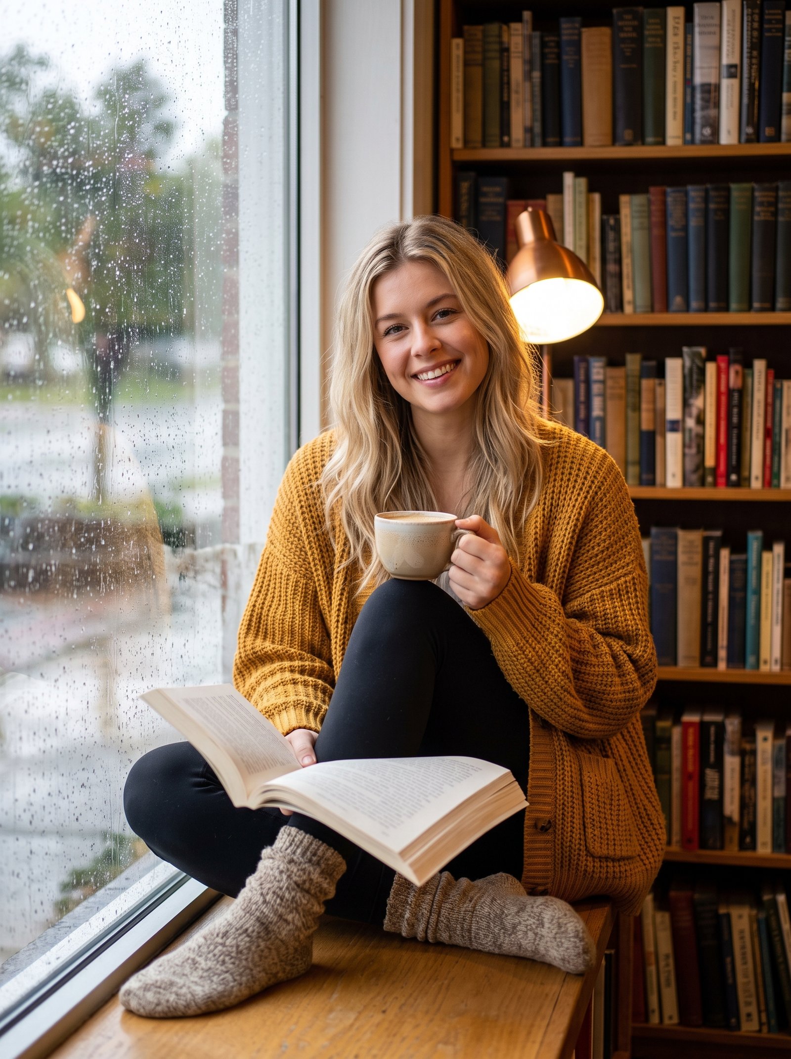 Cozy bookstore window seat portrait - mustard cardigan, book and chai on rainy autumn day