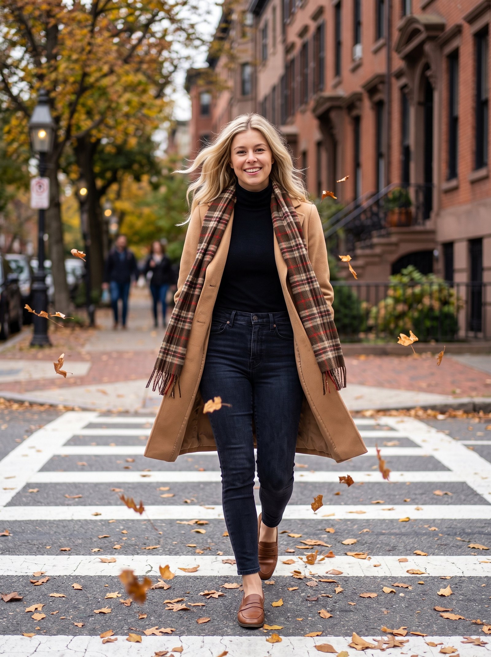 City street style autumn portrait - camel trench coat and plaid scarf on leafy crosswalk