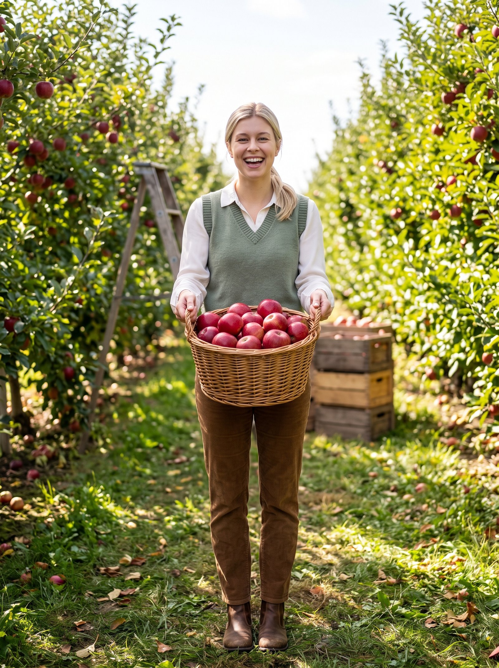 Apple orchard portrait - girl holding wicker basket of red apples