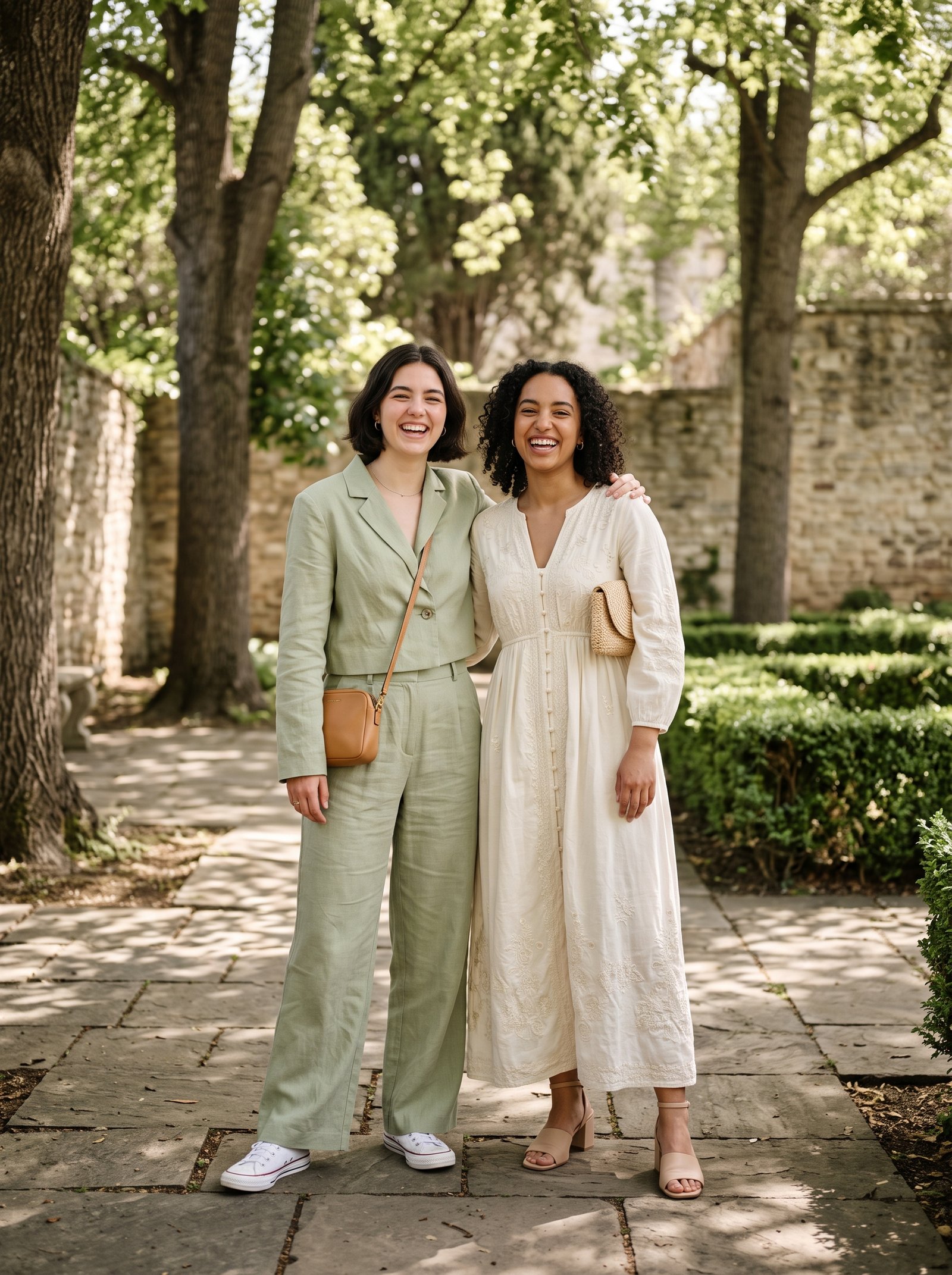 Sunlit garden duo - two laughing friends in linen co-ord and maxi dress