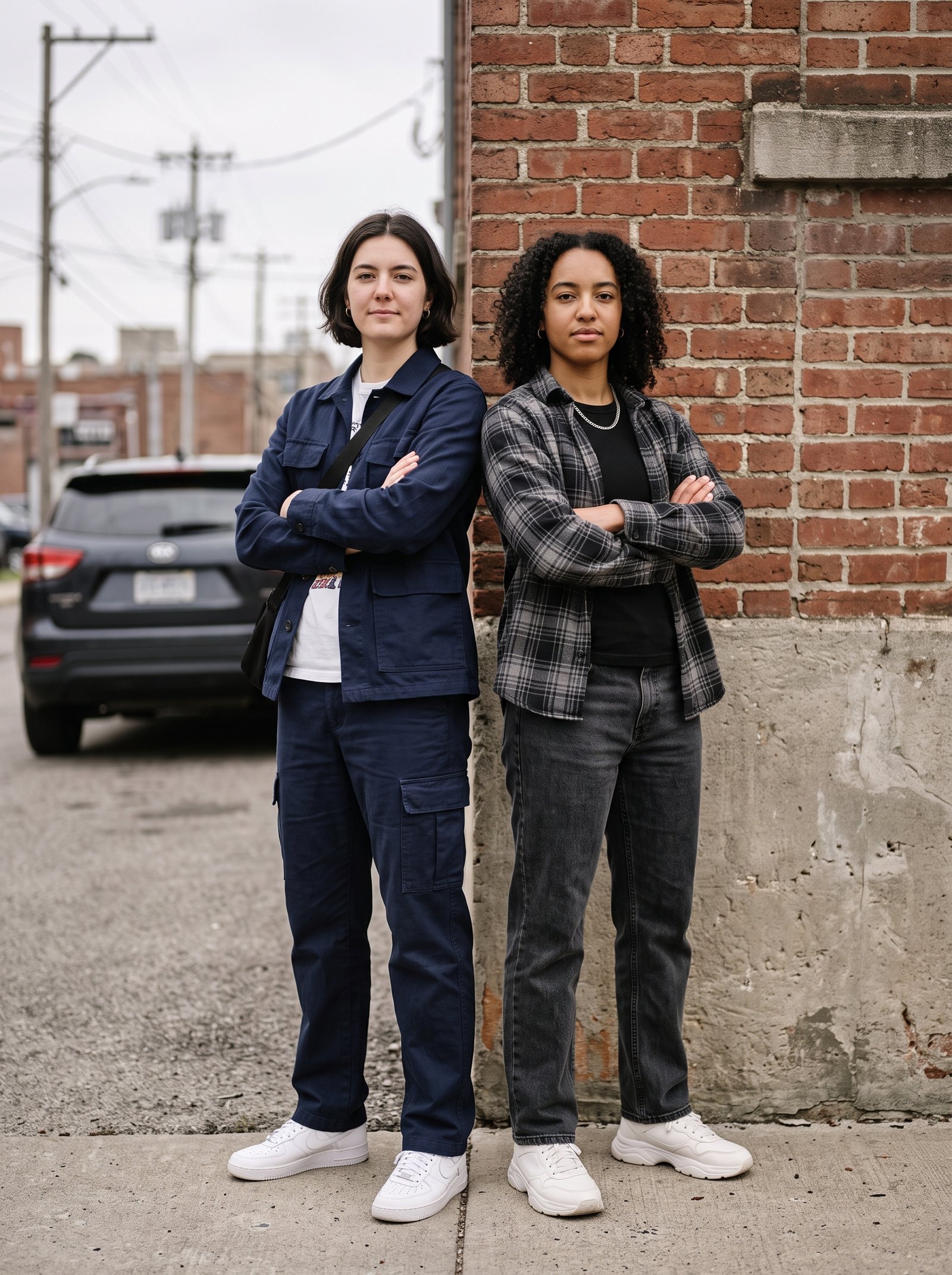 Back-to-back street duo - two friends with crossed arms at brick wall