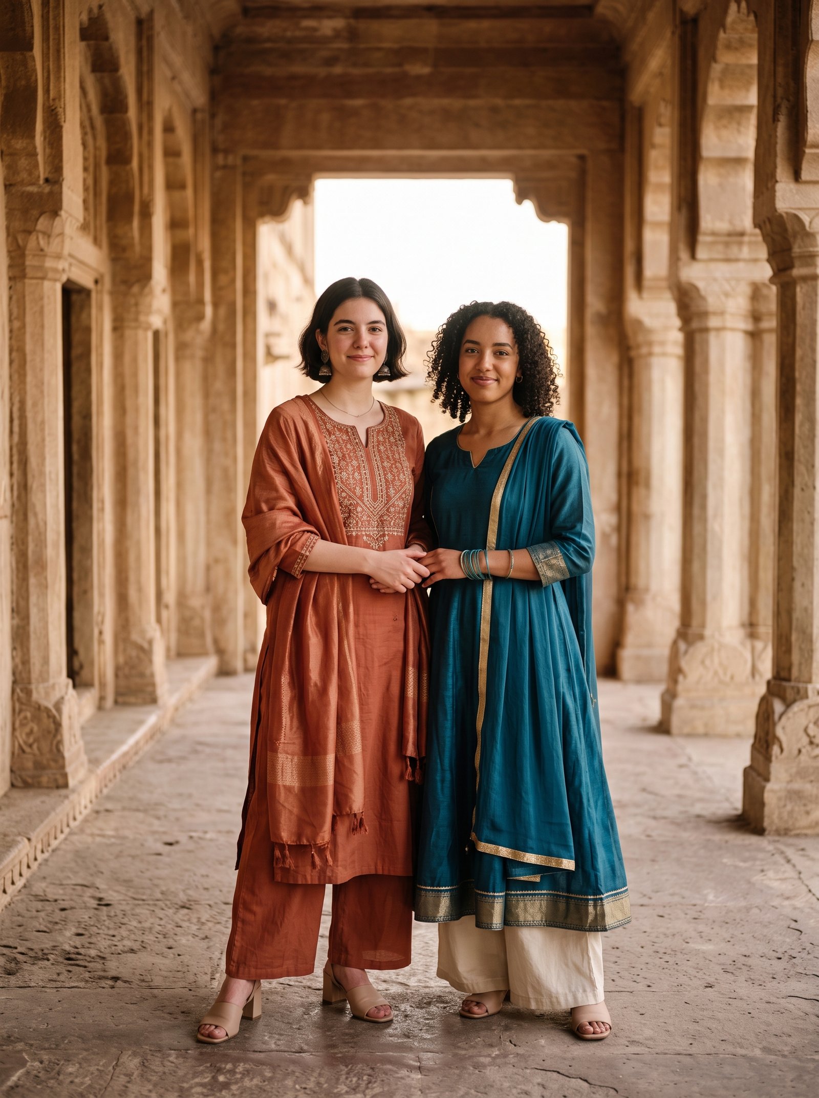 Heritage corridor ethnic duo - two friends in kurta outfits holding hands