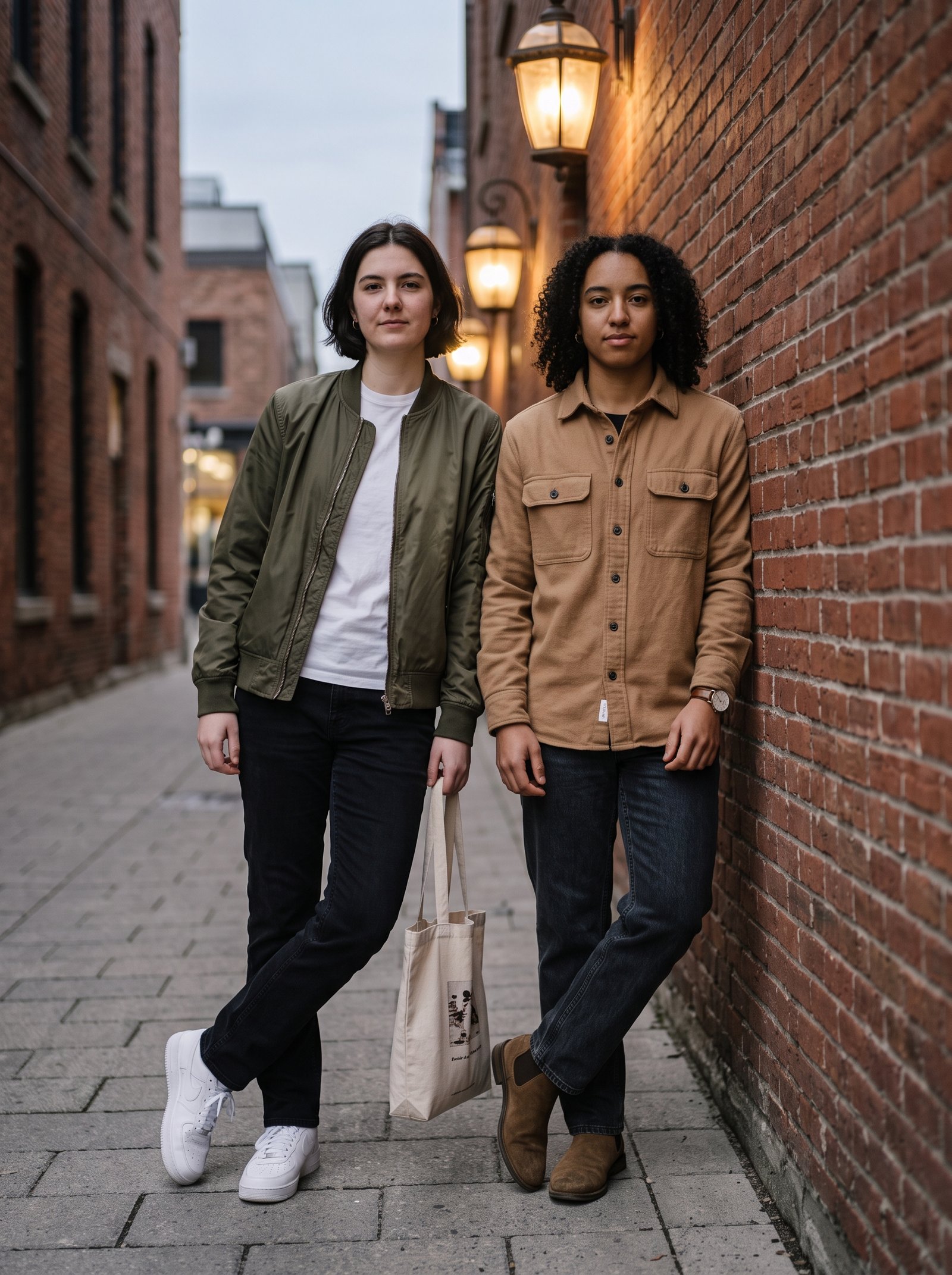 Brick lane lean duo - two friends leaning by lantern-lit wall