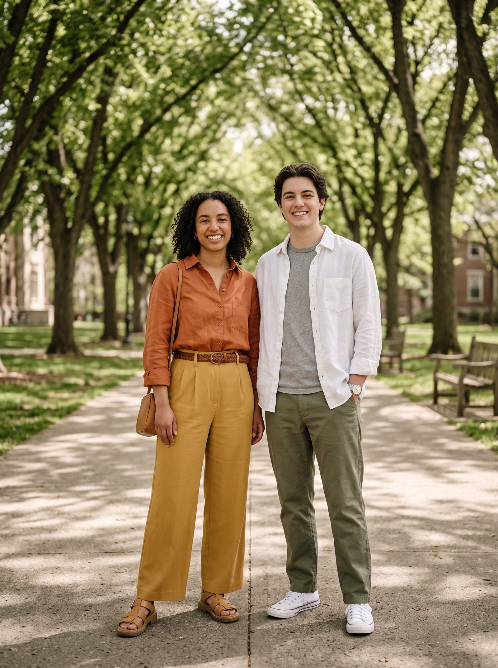 Campus walk mixed duo - two smiling friends on tree-lined walkway