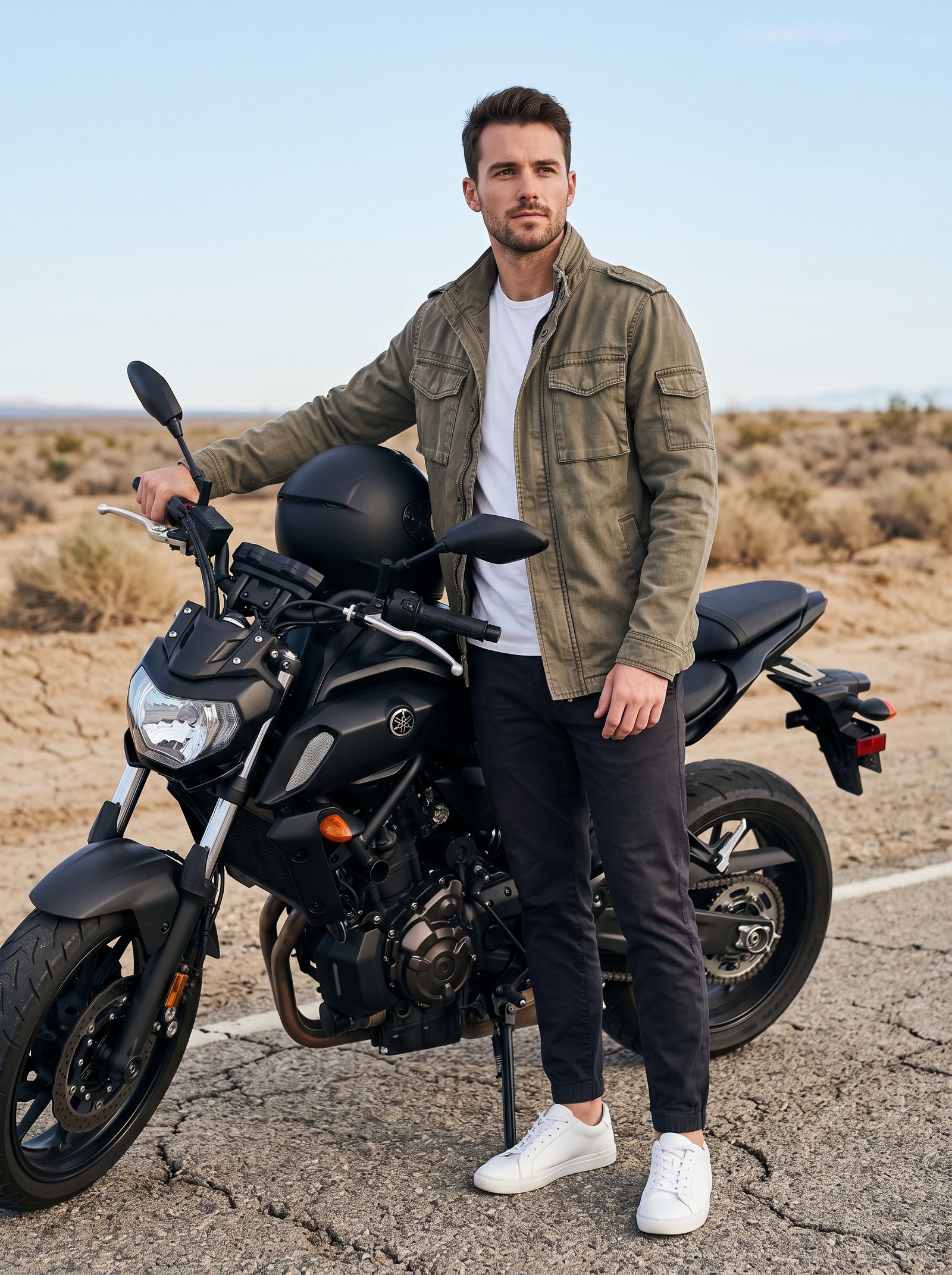 Desert highway streetfighter - olive canvas jacket beside matte black bike