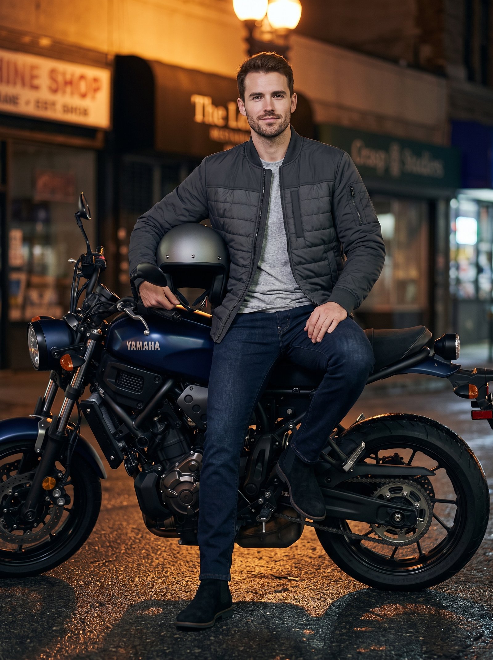 Wet night street cafe racer - charcoal bomber jacket under amber lamps