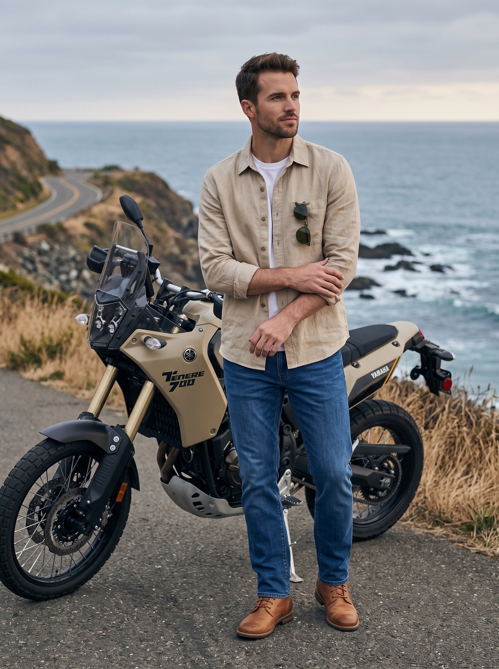 Coastal adventure tourer - sand linen overshirt with ocean road
