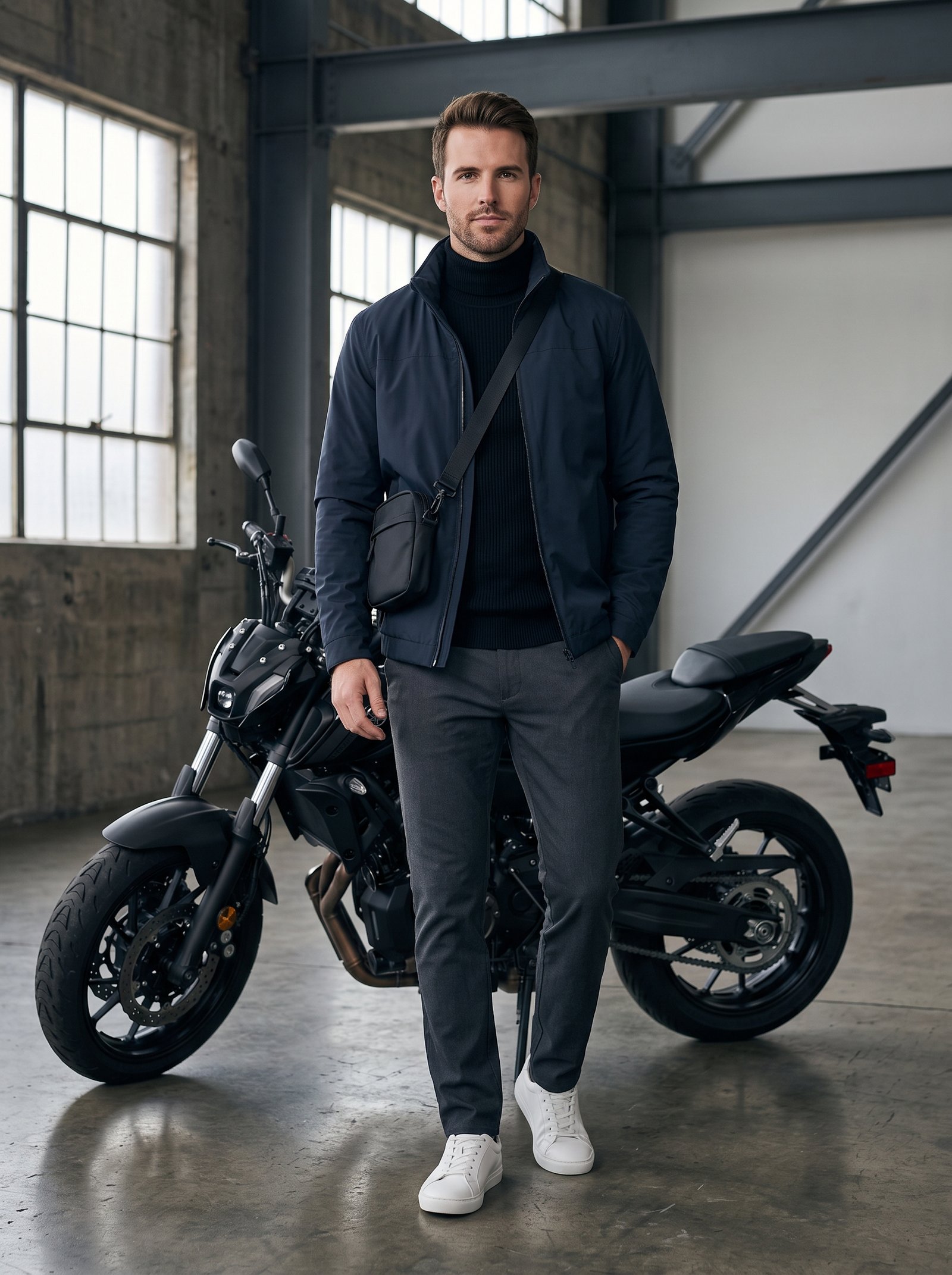 Warehouse naked sport - navy shell jacket before blacked-out bike