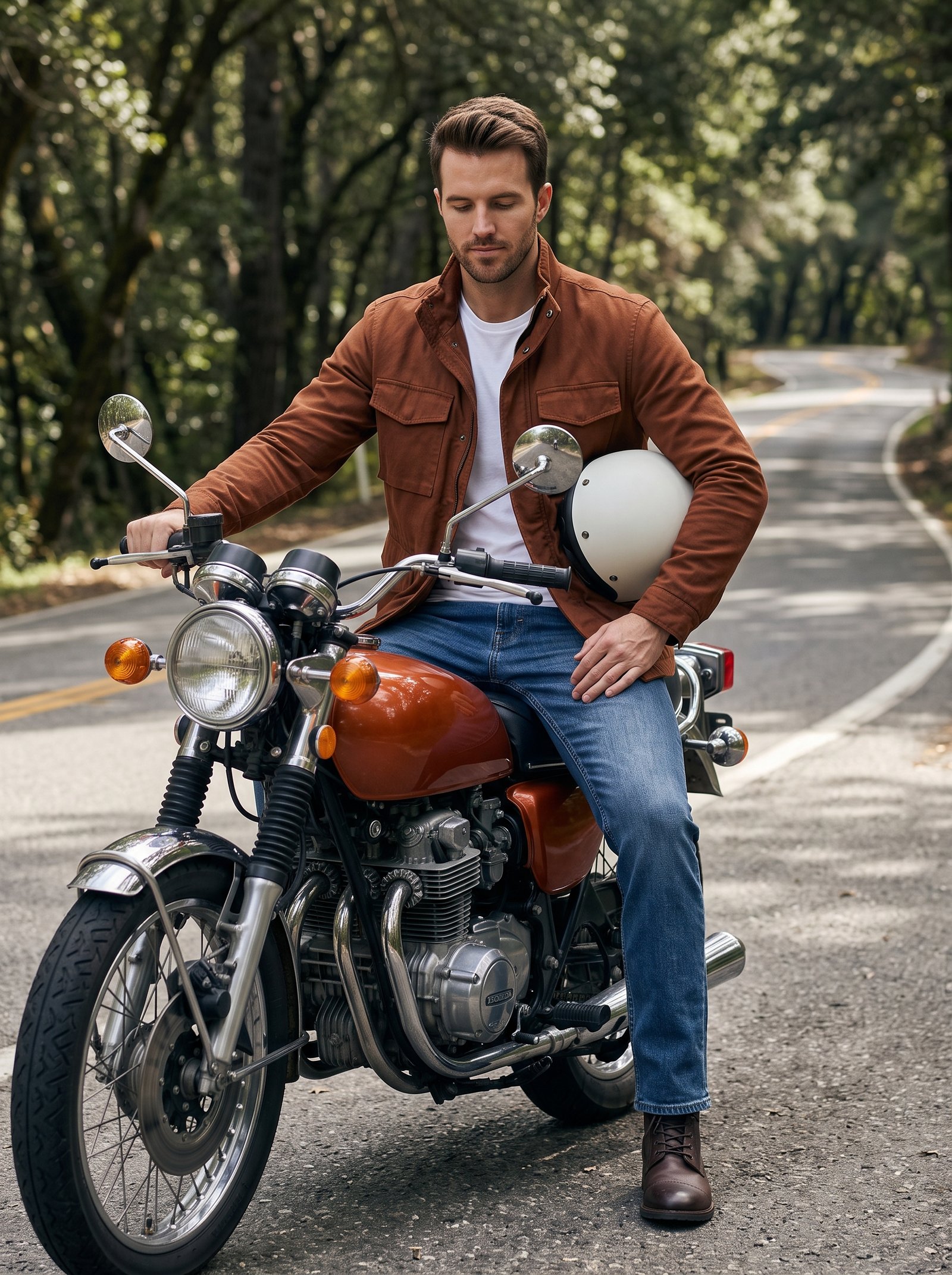 Mountain road classic - rust field jacket on vintage orange motorcycle