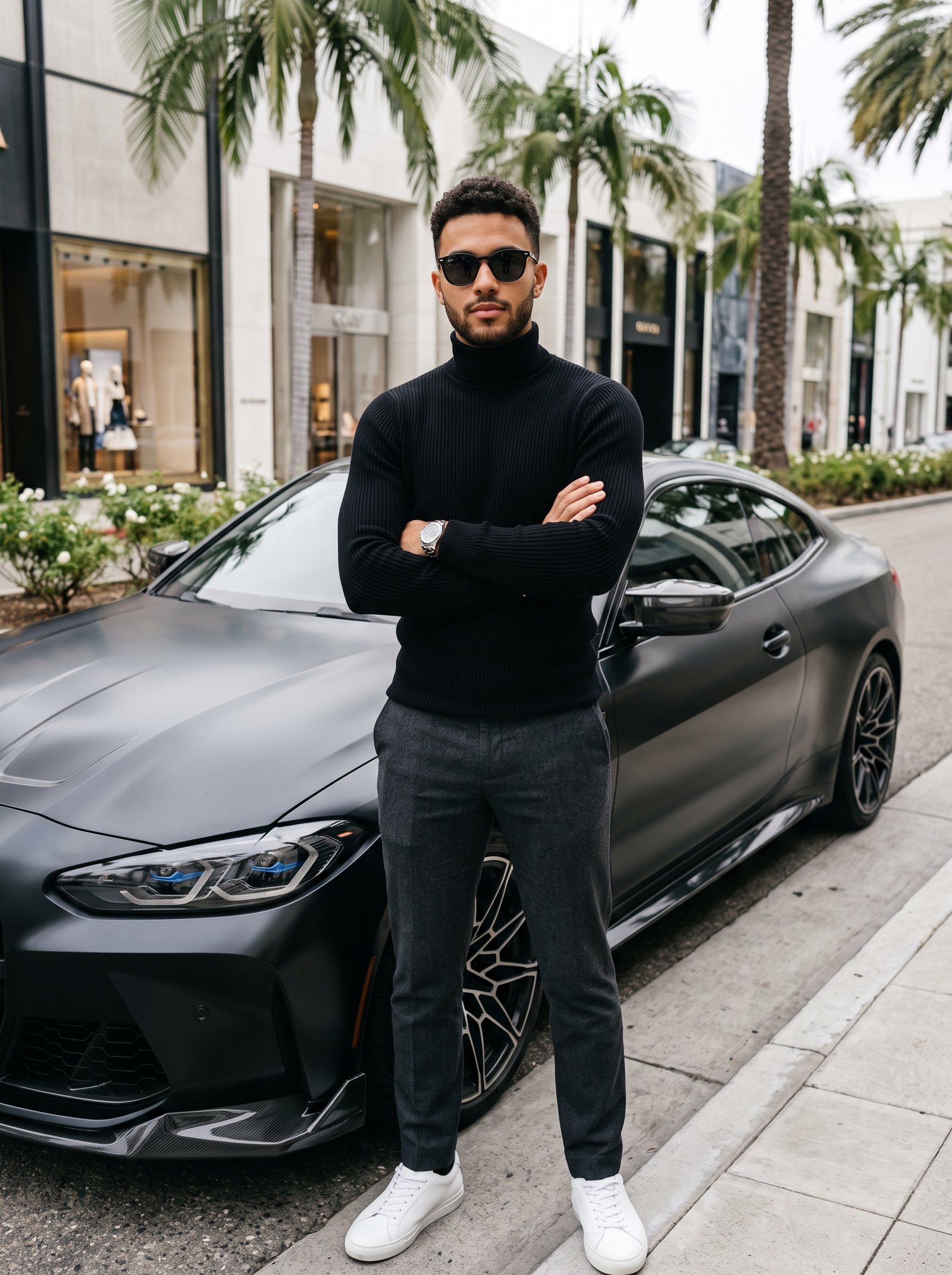 Matte black boulevard night - turtleneck sweater beside matte BMW coupe