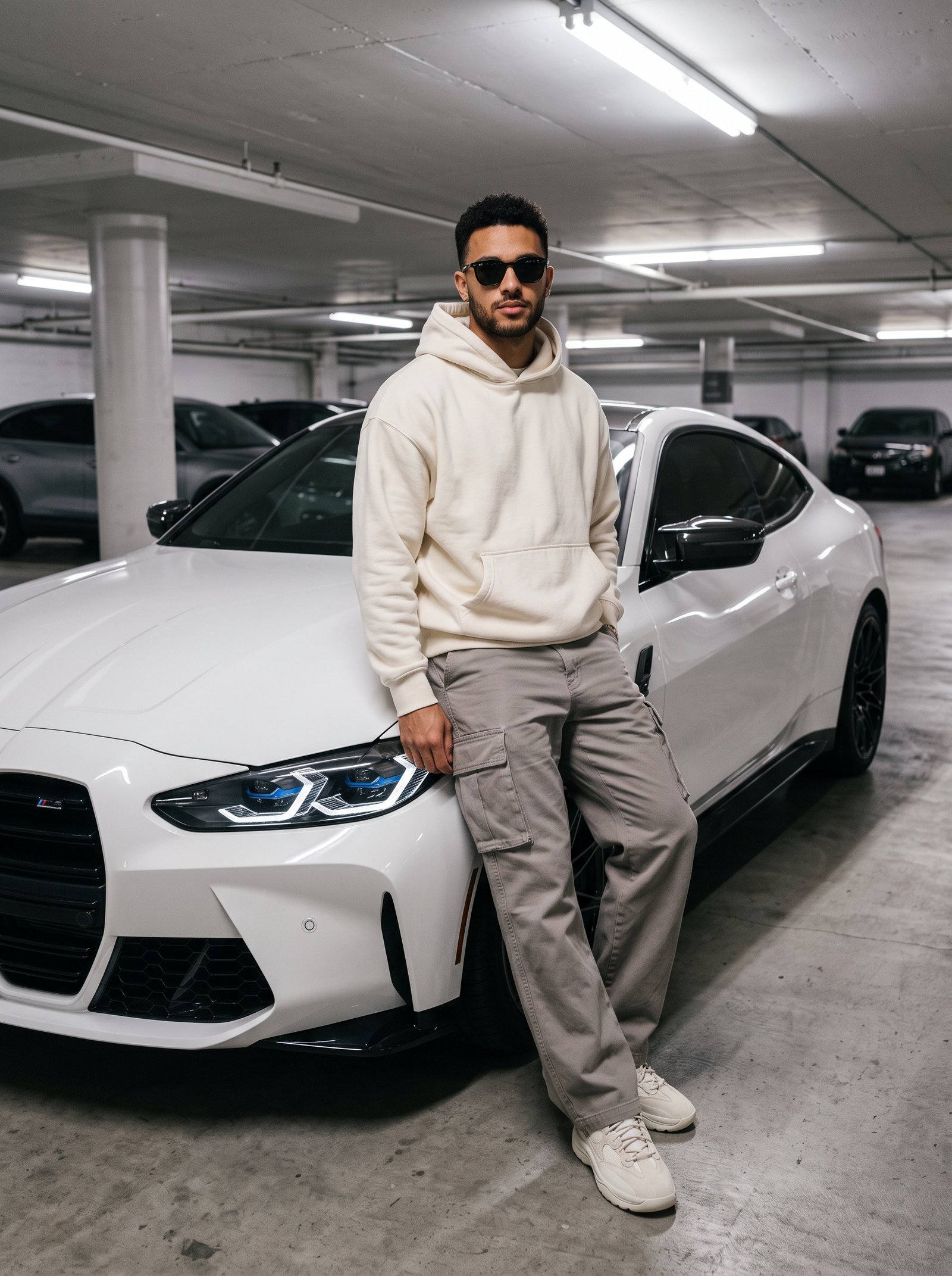 White coupe concrete garage - cream hoodie leaning on white BMW