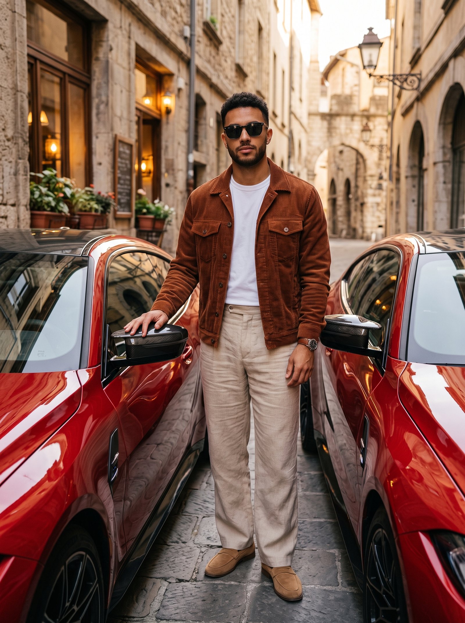 Red coupe cobblestone lane - corduroy jacket with hand on mirror