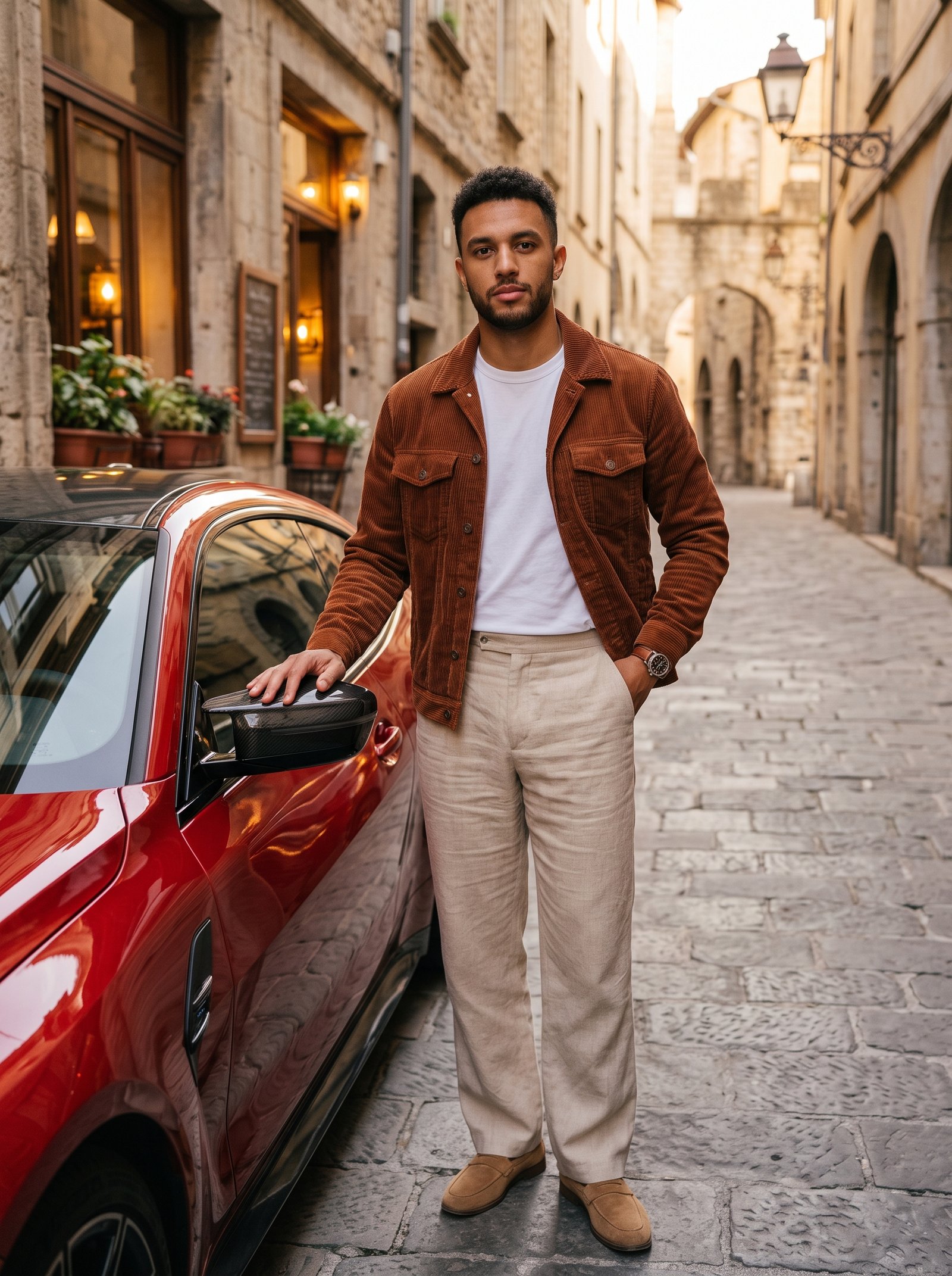 Red coupe old lane portrait - corduroy jacket beside glossy red BMW
