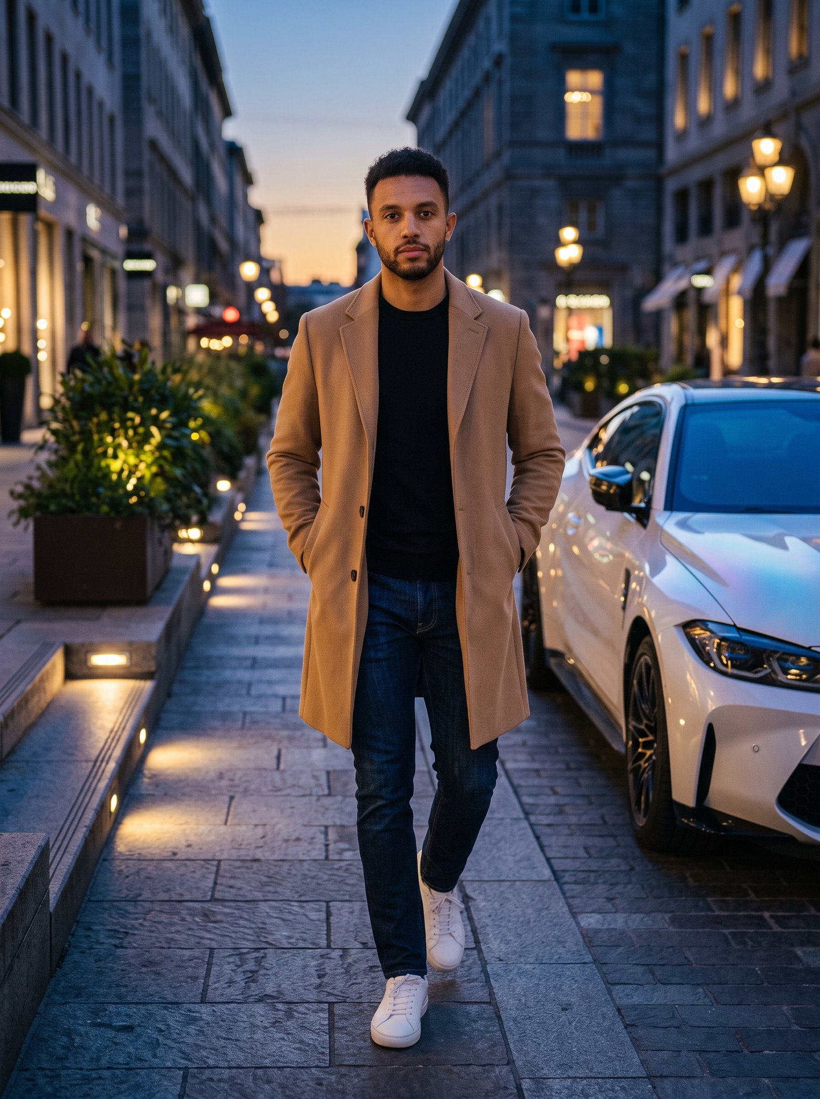 Pearl dusk city walkway - camel overcoat walking past white BMW