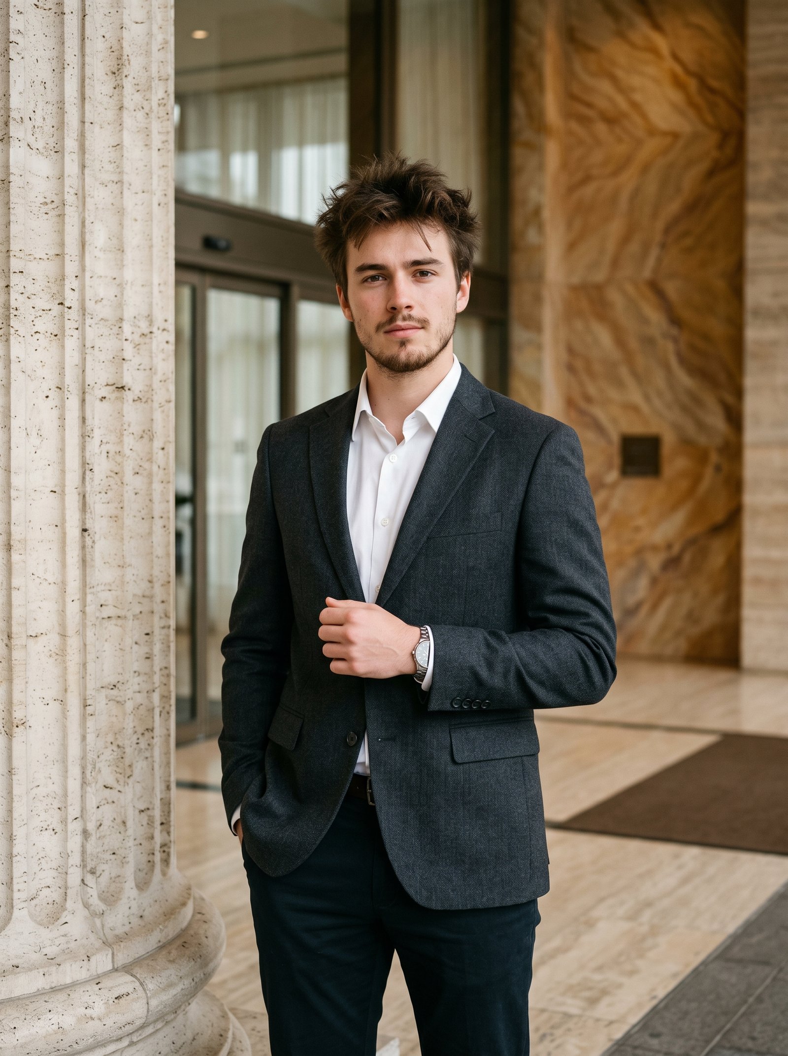 Quiet luxury hotel column portrait - charcoal wool blazer and white poplin shirt