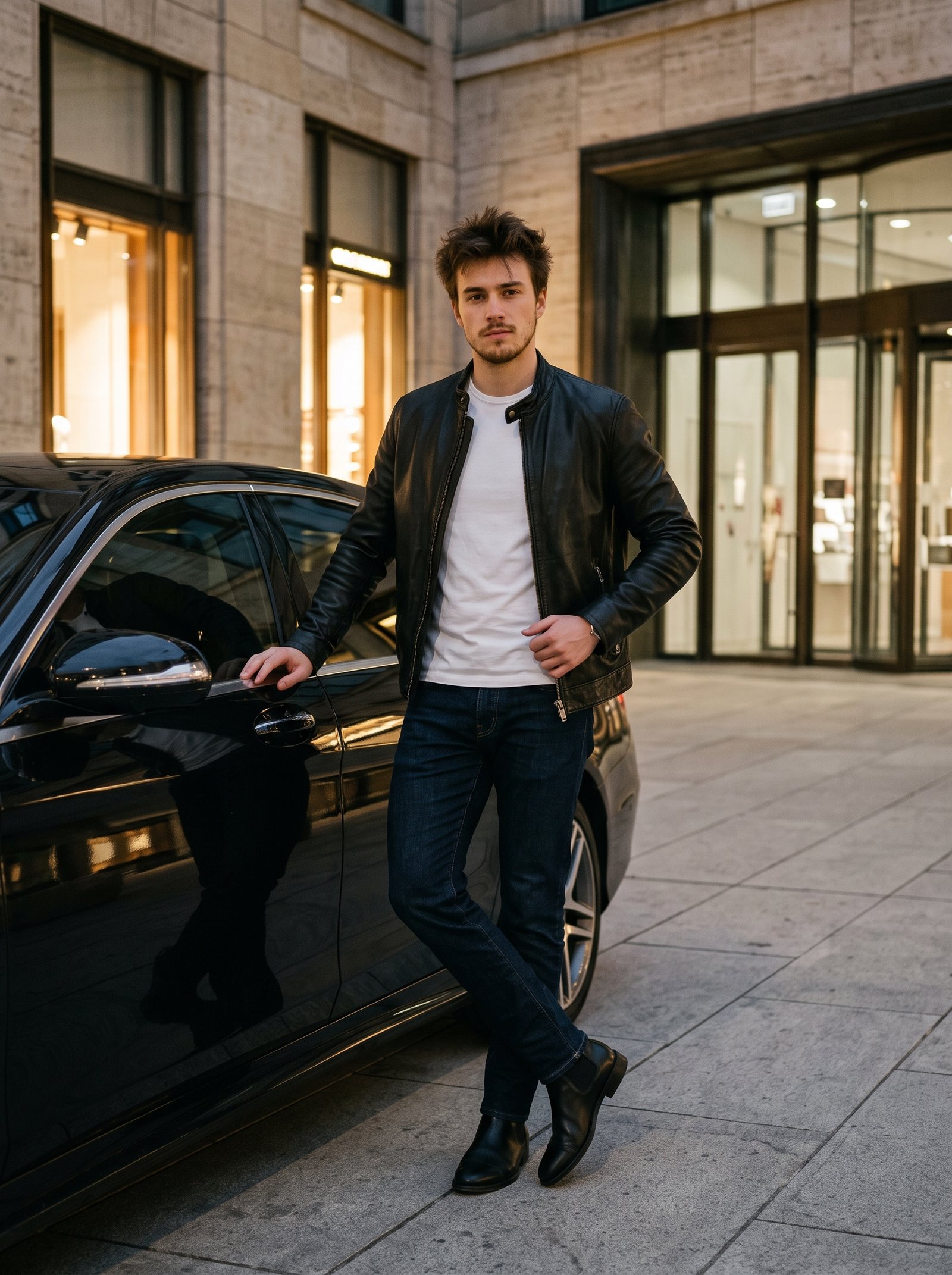 Leather jacket night street style - black leather jacket leaning on luxury sedan