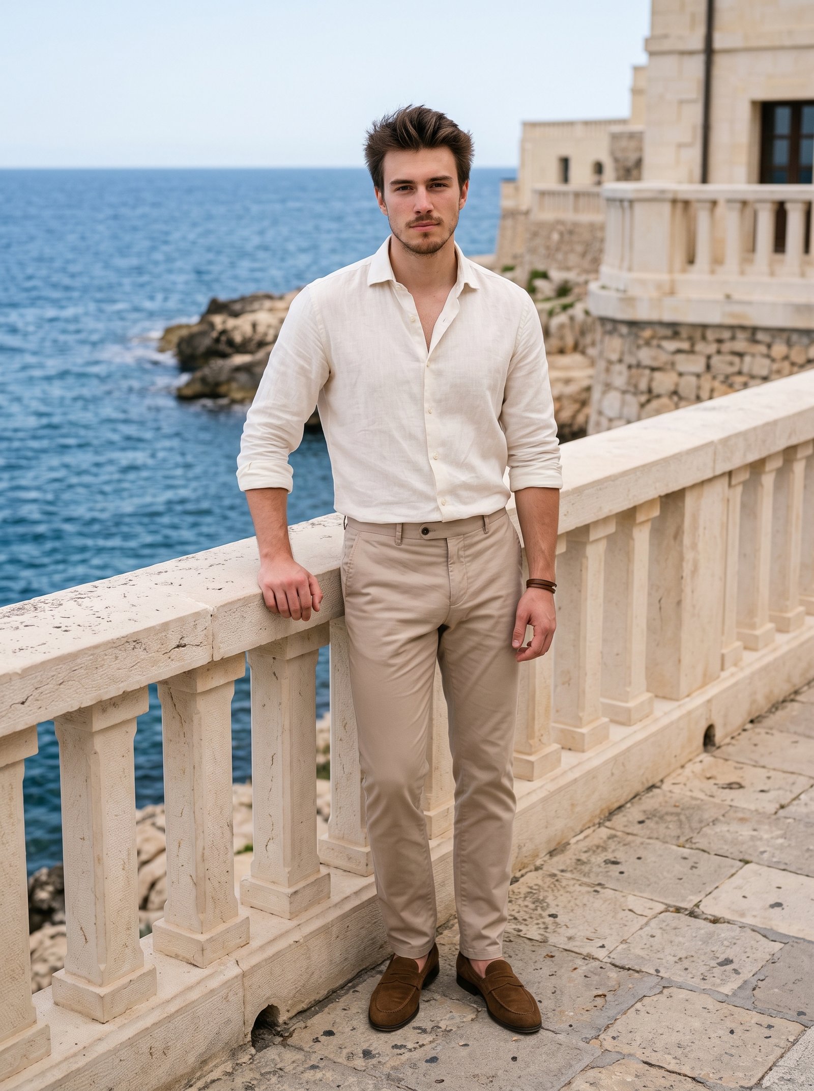 Coastal linen promenade editorial - ivory linen shirt by seaside railing