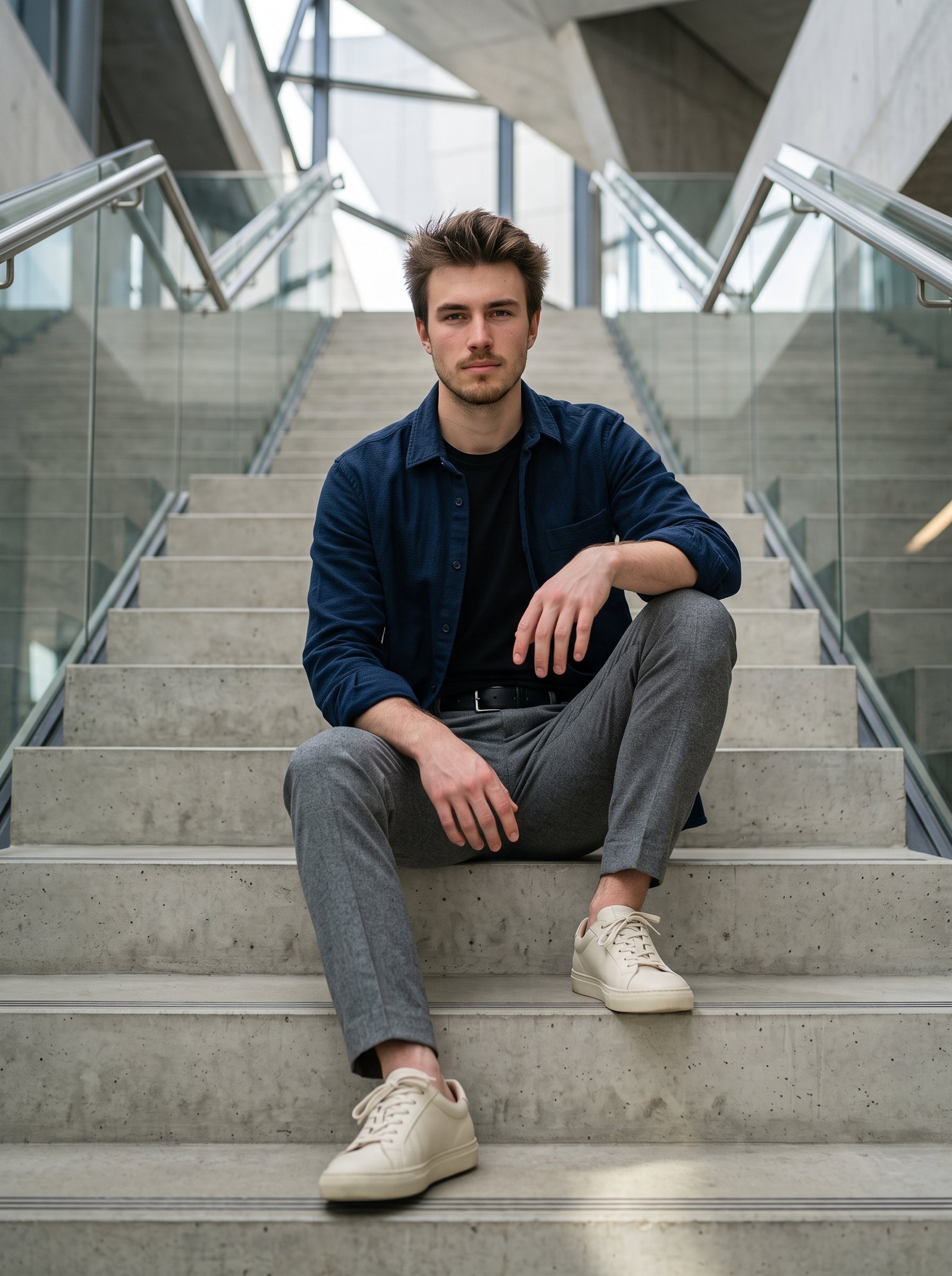 Minimal concrete steps portrait - navy overshirt seated on stone stairs