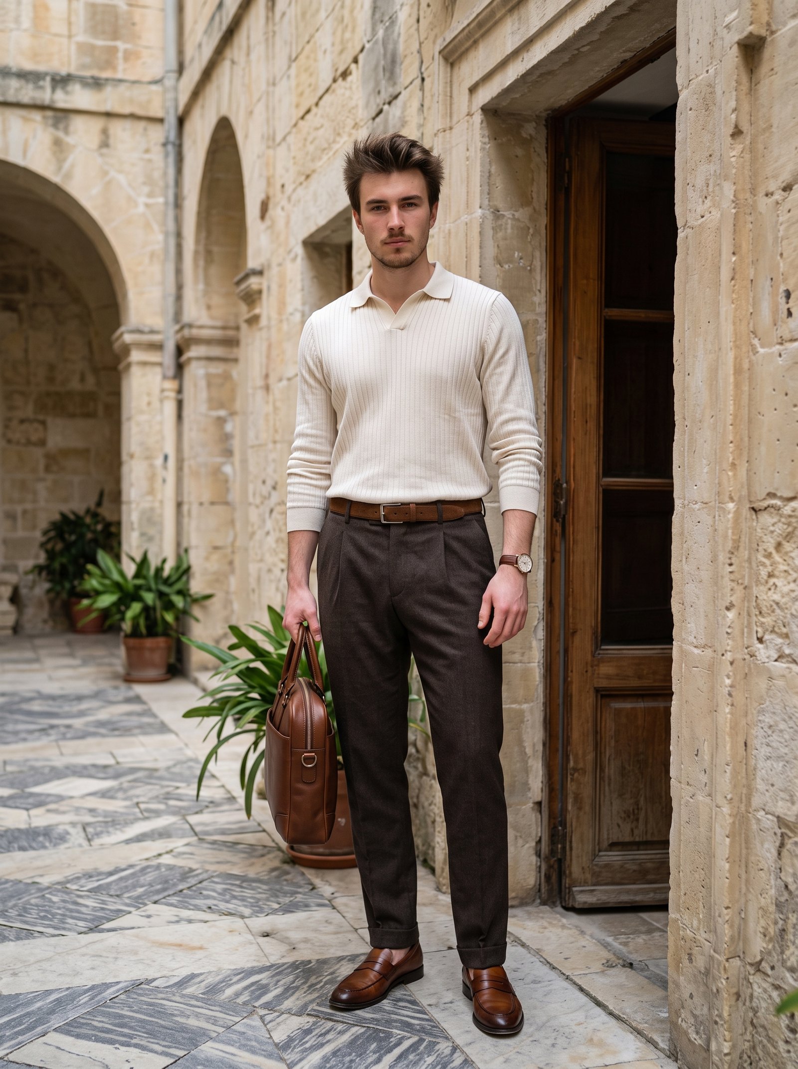 Heritage courtyard old-money portrait - cream knit polo by wooden doorway