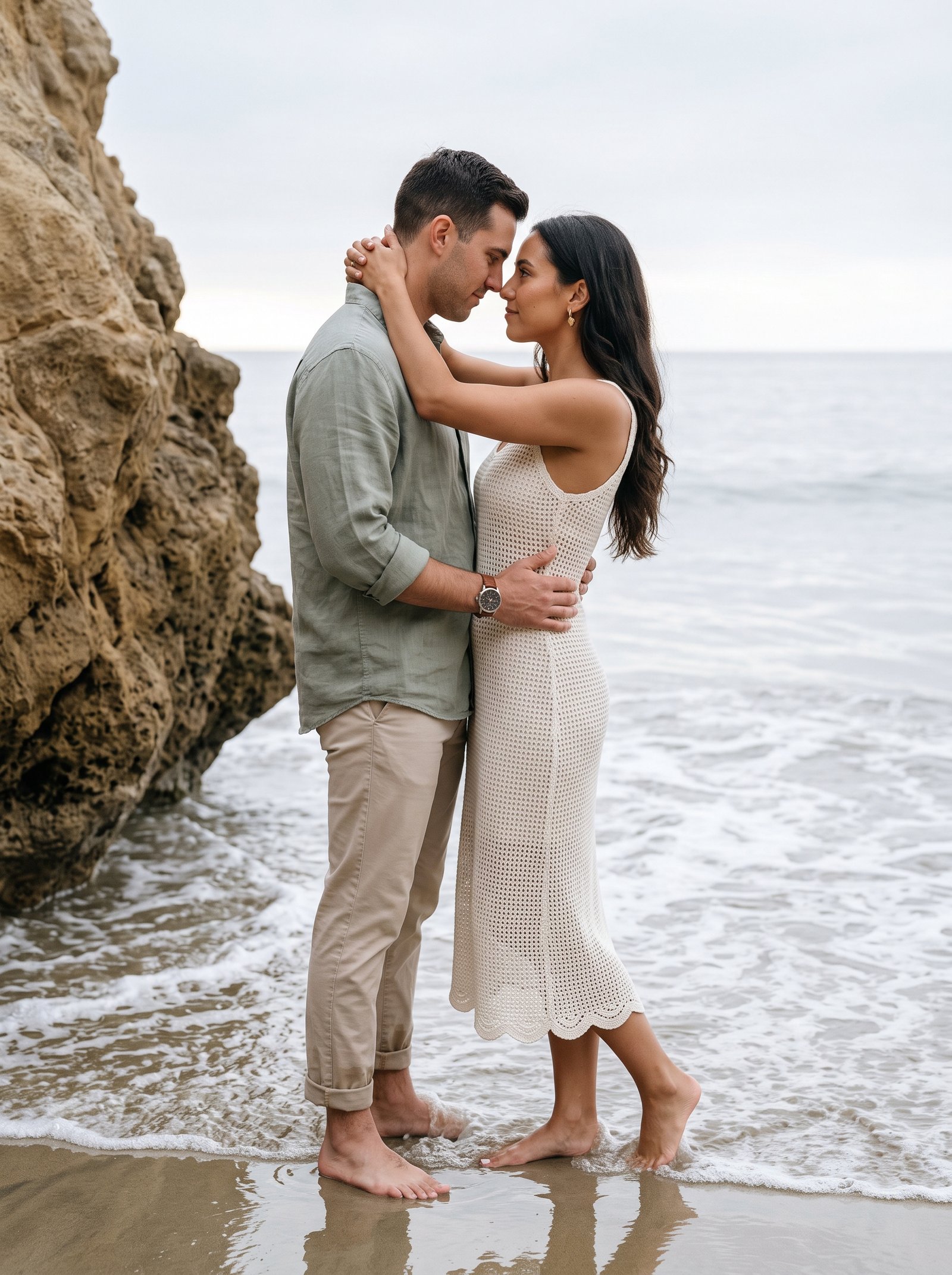 Misty morning shoreline embrace - couple by sandstone rocks in linen and crochet dress