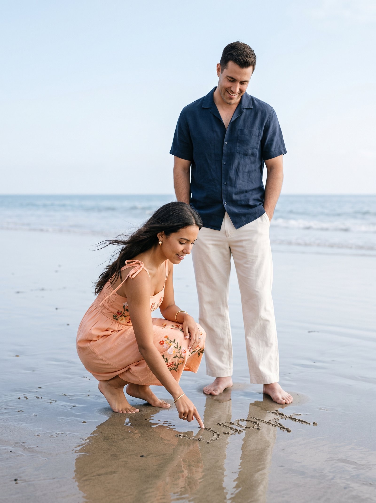 Name in the sand story - woman writing in wet sand while partner watches