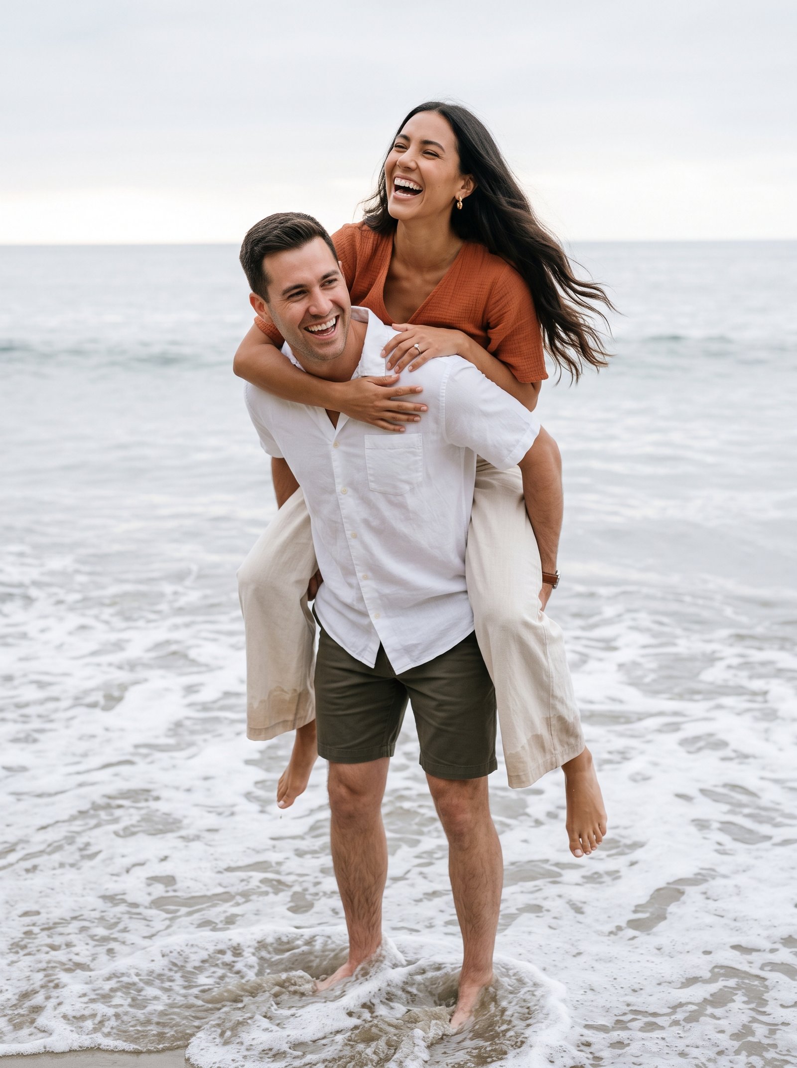 Playful piggyback shoreline - laughing couple in foamy beach water