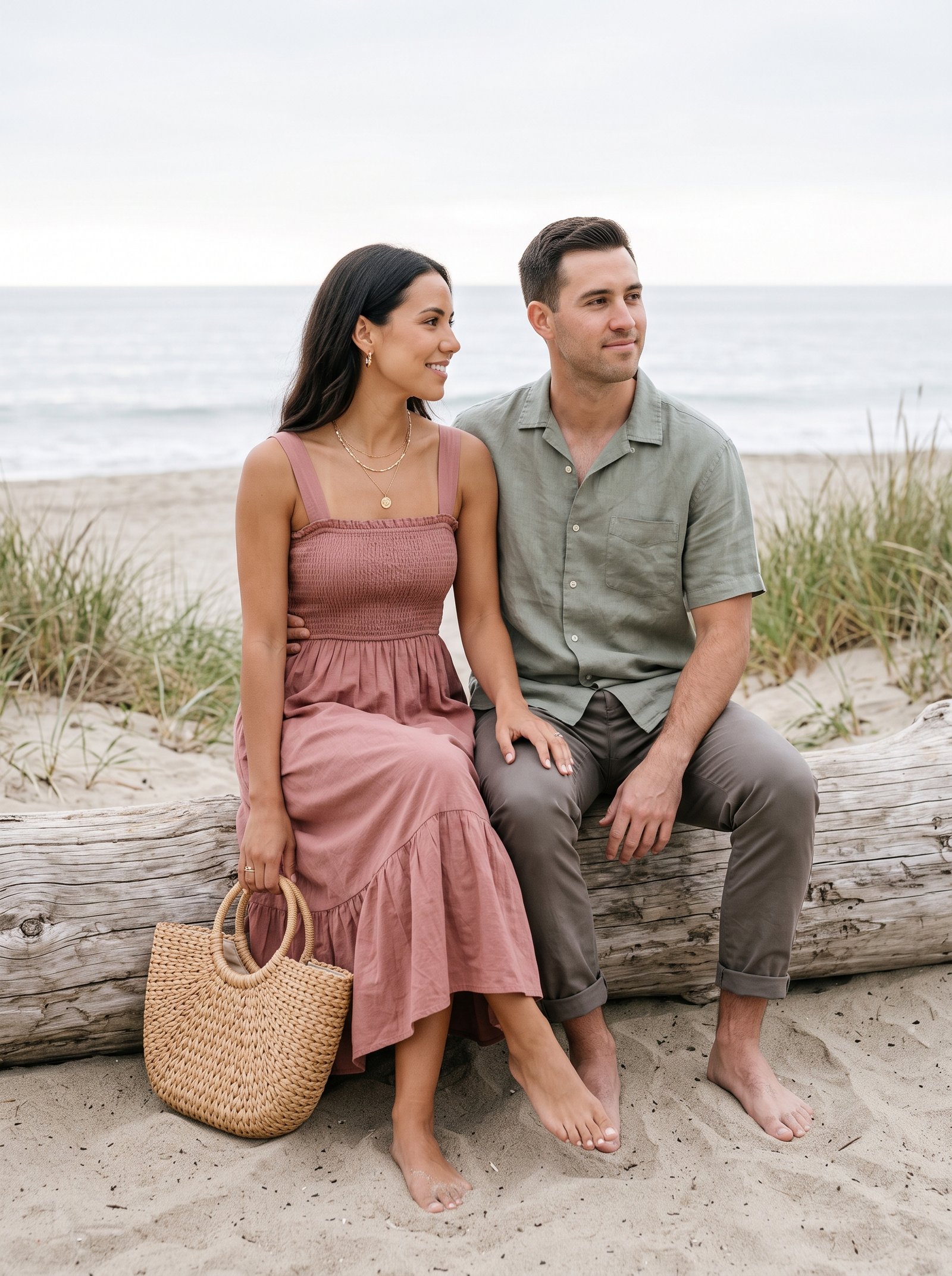 Driftwood sit portrait - couple seated on weathered log with tote bag