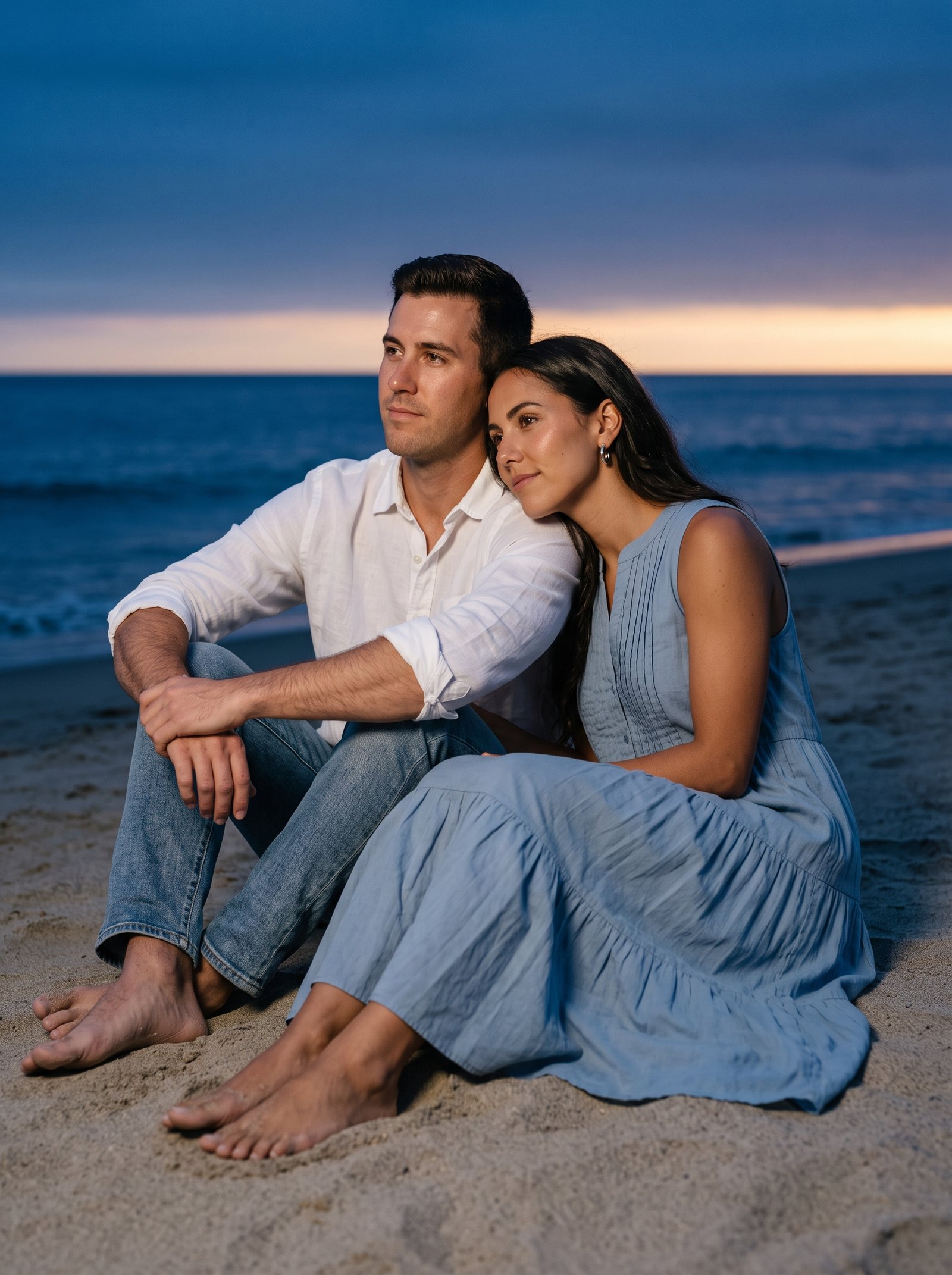 Blue-hour dusk portrait - couple seated on sand under indigo sky