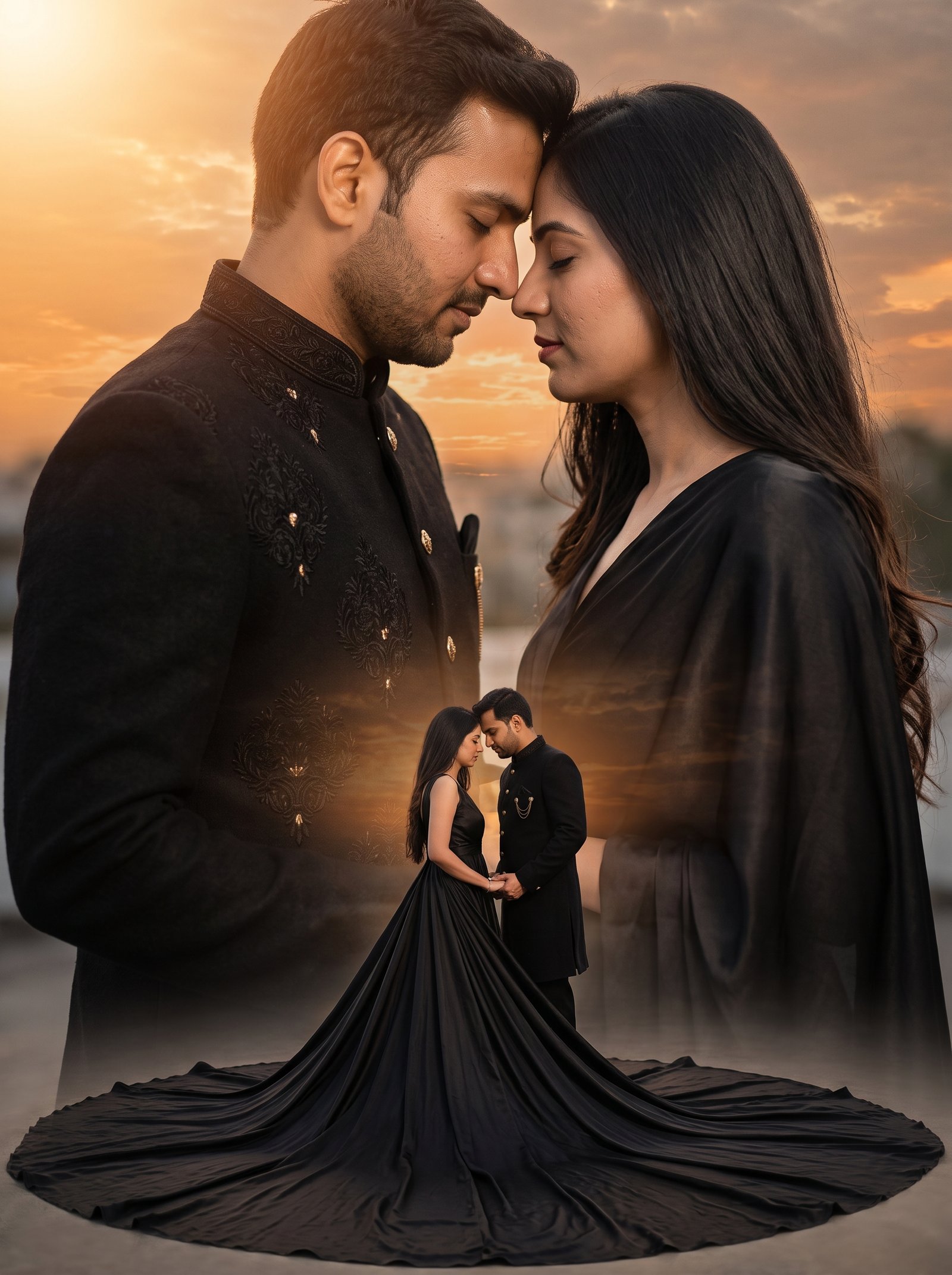 Sunset forehead touch overlay - black gown couple in amber sky blend