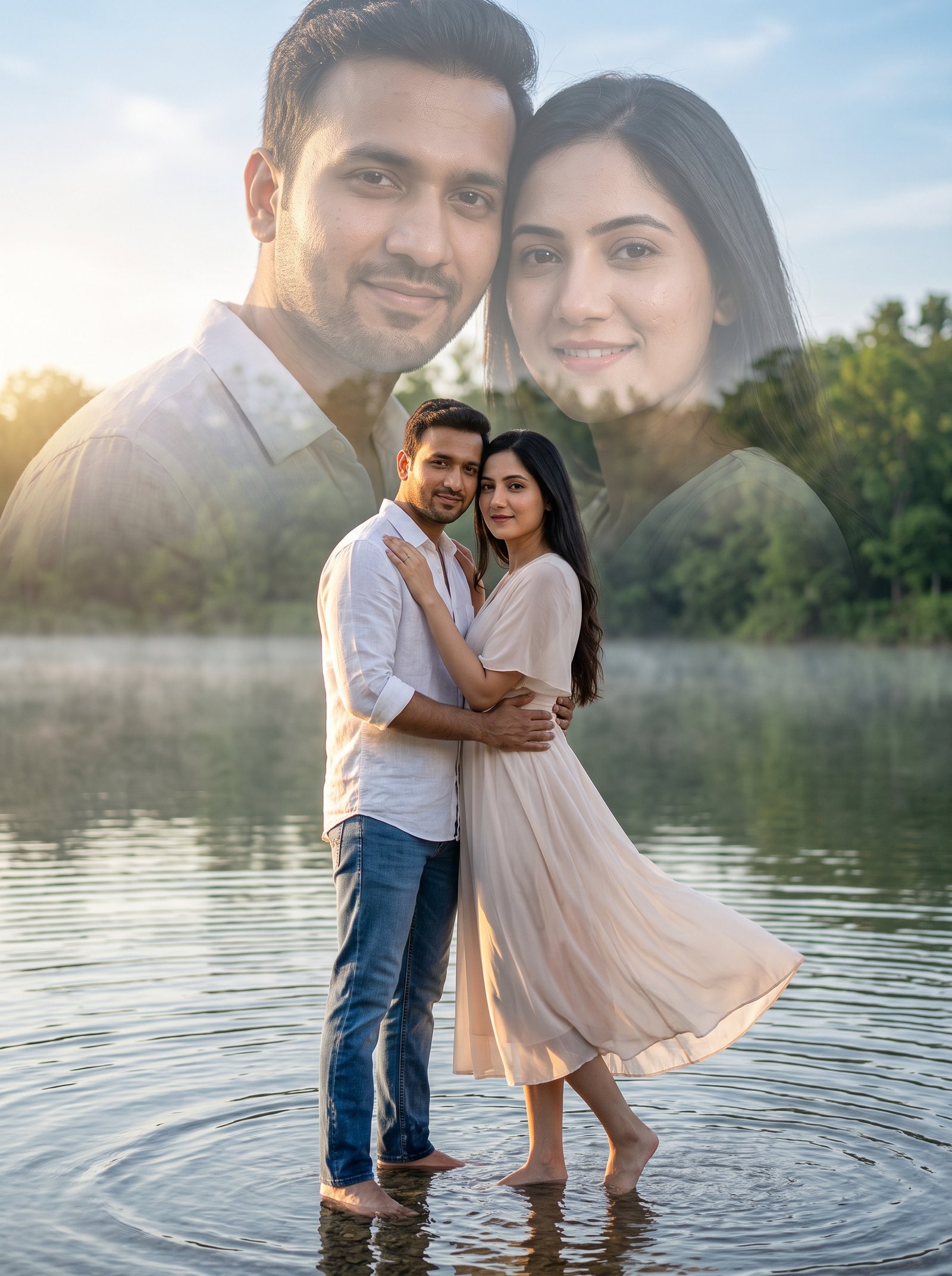 Shallow water memory overlay - embracing couple with ghosted smiles