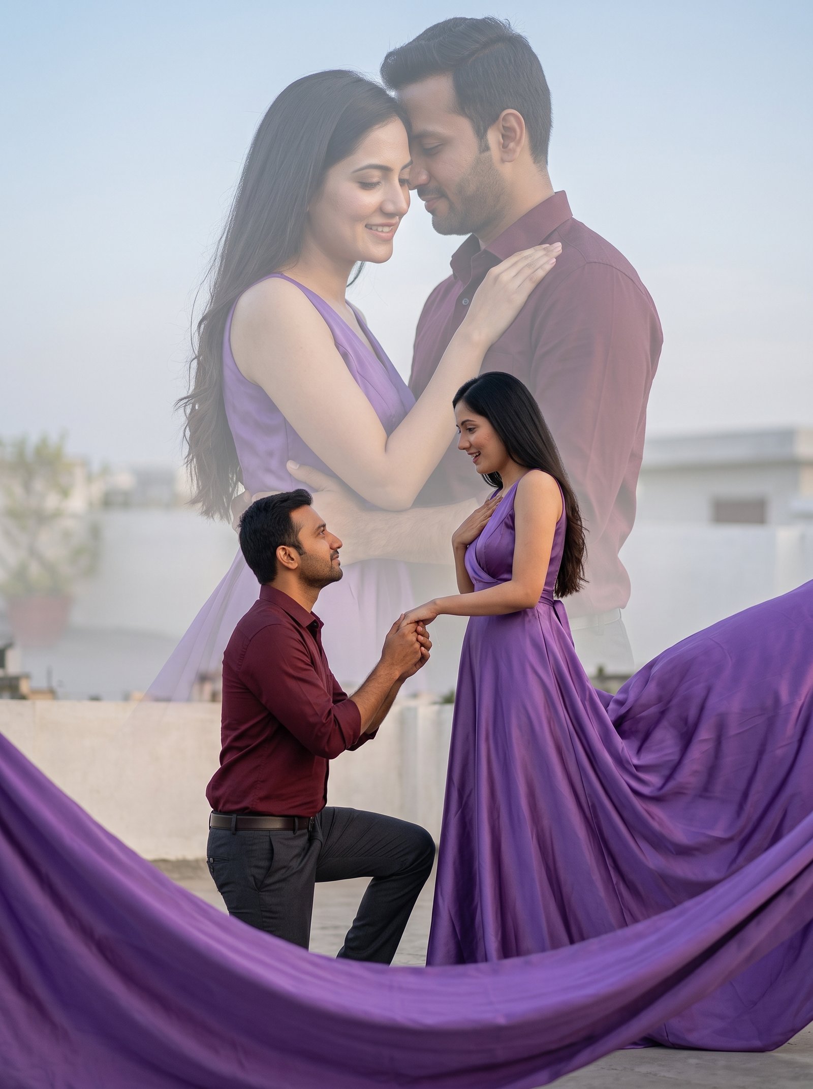 Proposal poster sky overlay - kneeling man with violet gown train