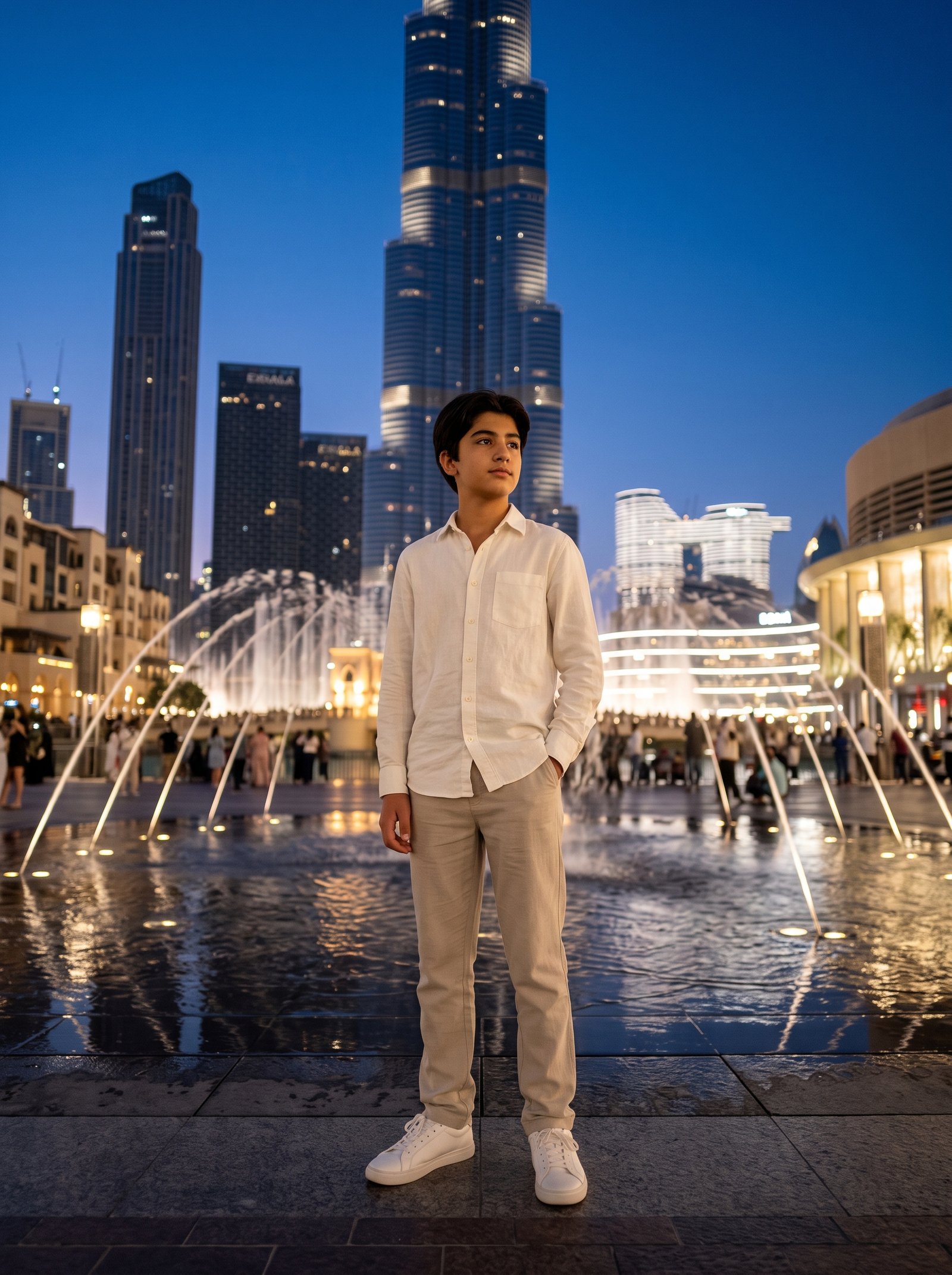 Burj fountain evening editorial - off-white linen shirt at illuminated promenade
