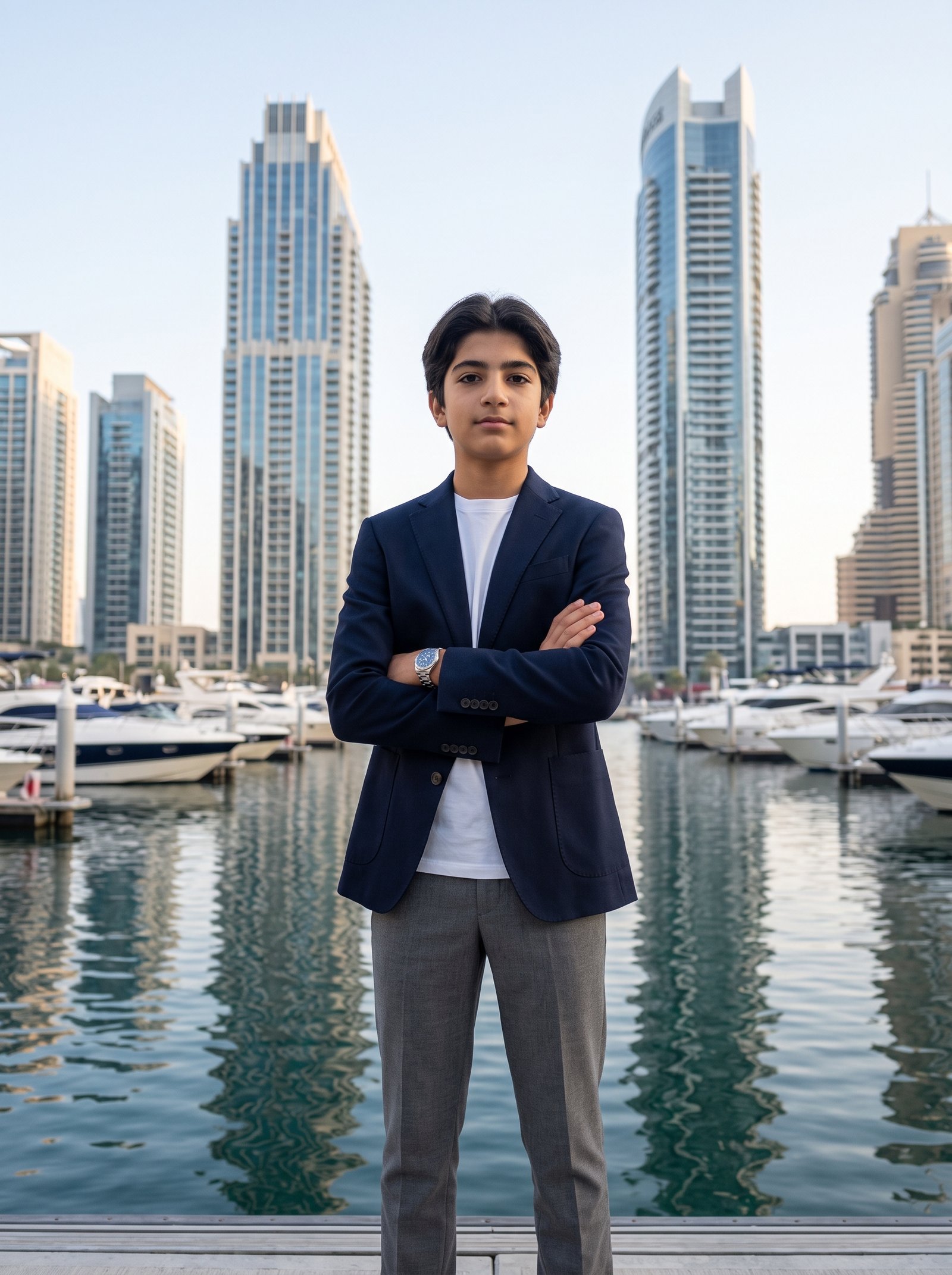 Marina morning blazer portrait - navy blazer with yachts and towers