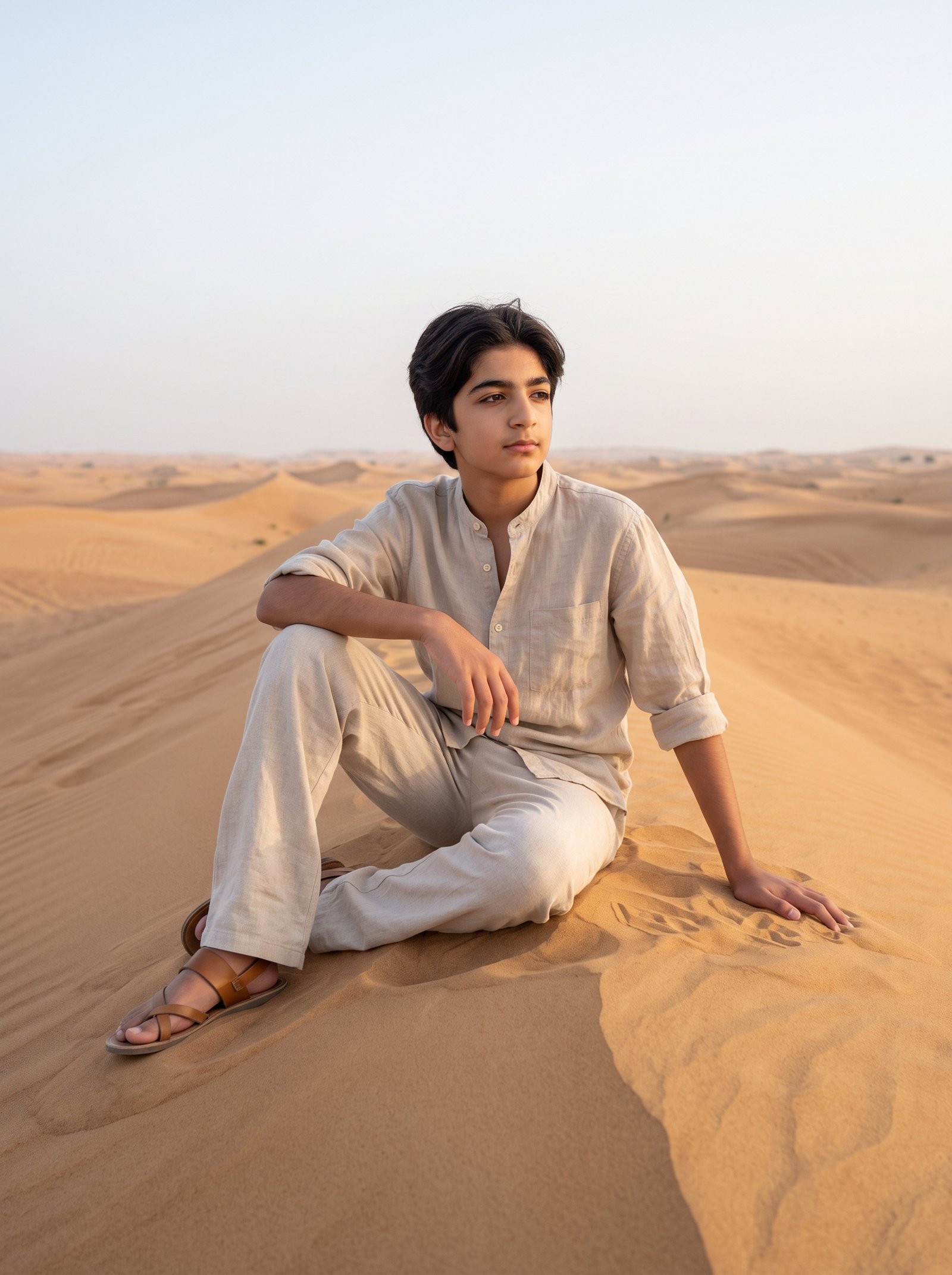 Desert dune linen editorial - sand-beige linen seated on golden dune