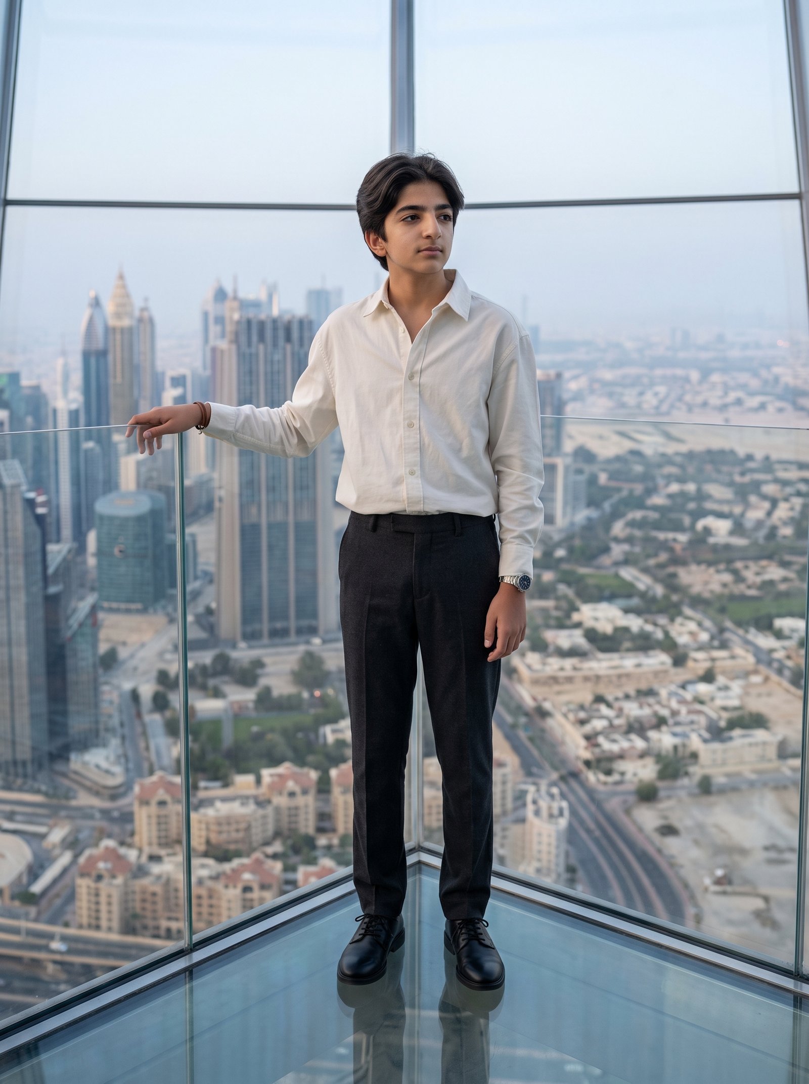 Sky frame glass deck portrait - off-white shirt above city skyline