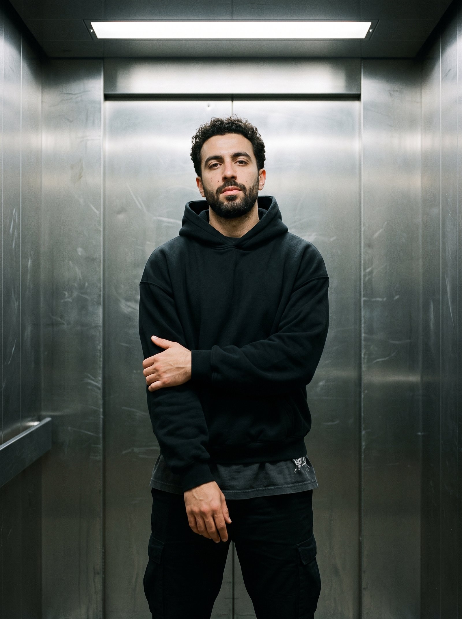 Industrial elevator cold edit - black fleece hoodie in metal lift