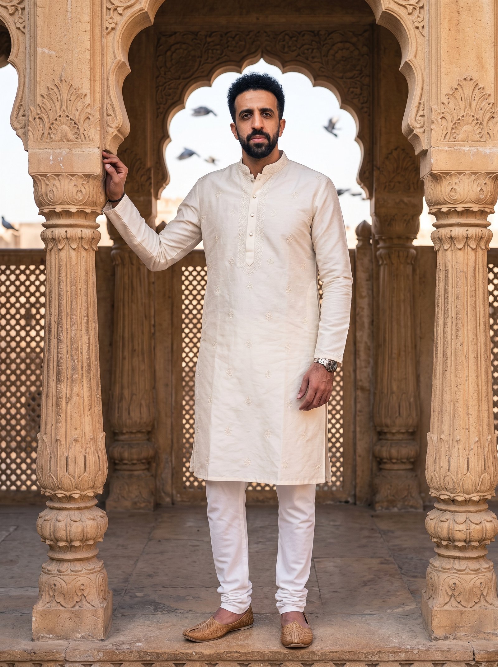 Heritage fort arch portrait - ivory kurta under carved sandstone arch