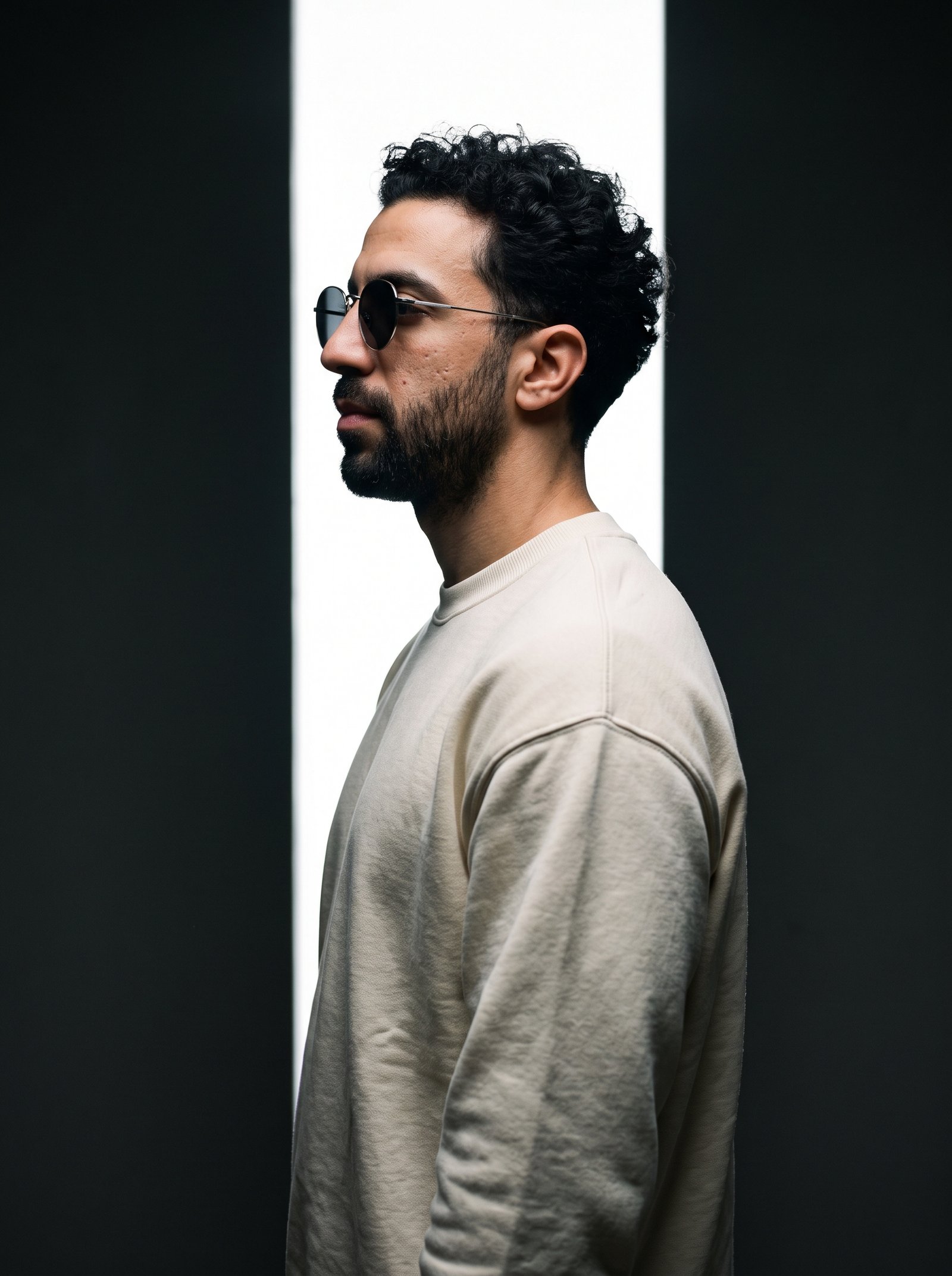 Studio backlight profile - cream crewneck with round sunglasses