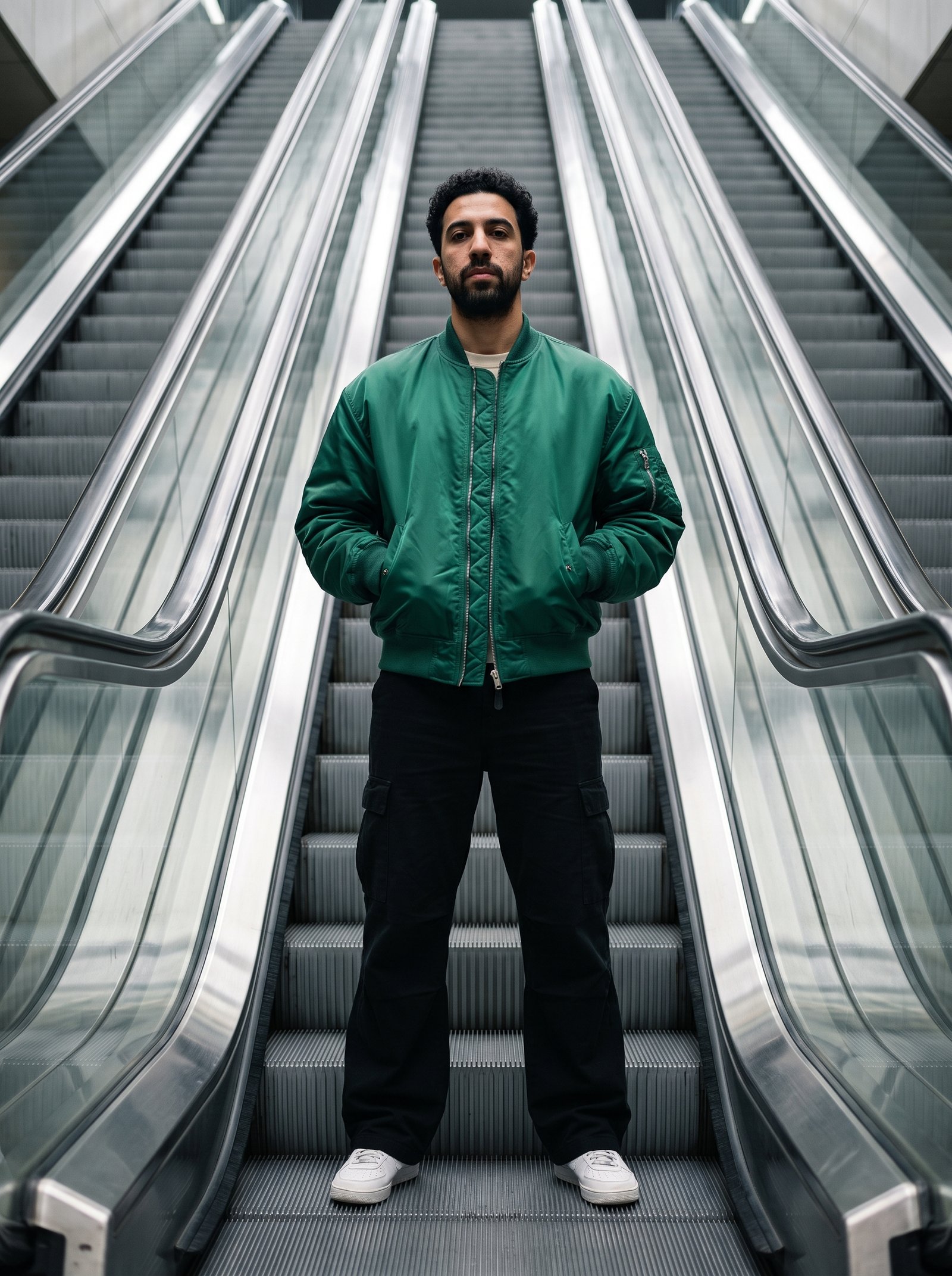 Escalator rise editorial - emerald bomber jacket on modern escalator