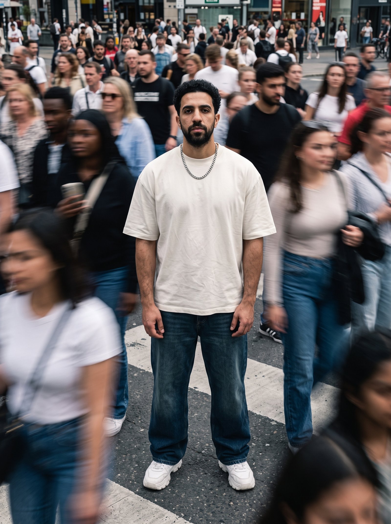 City crowd motion freeze - sharp subject among blurred street crowd