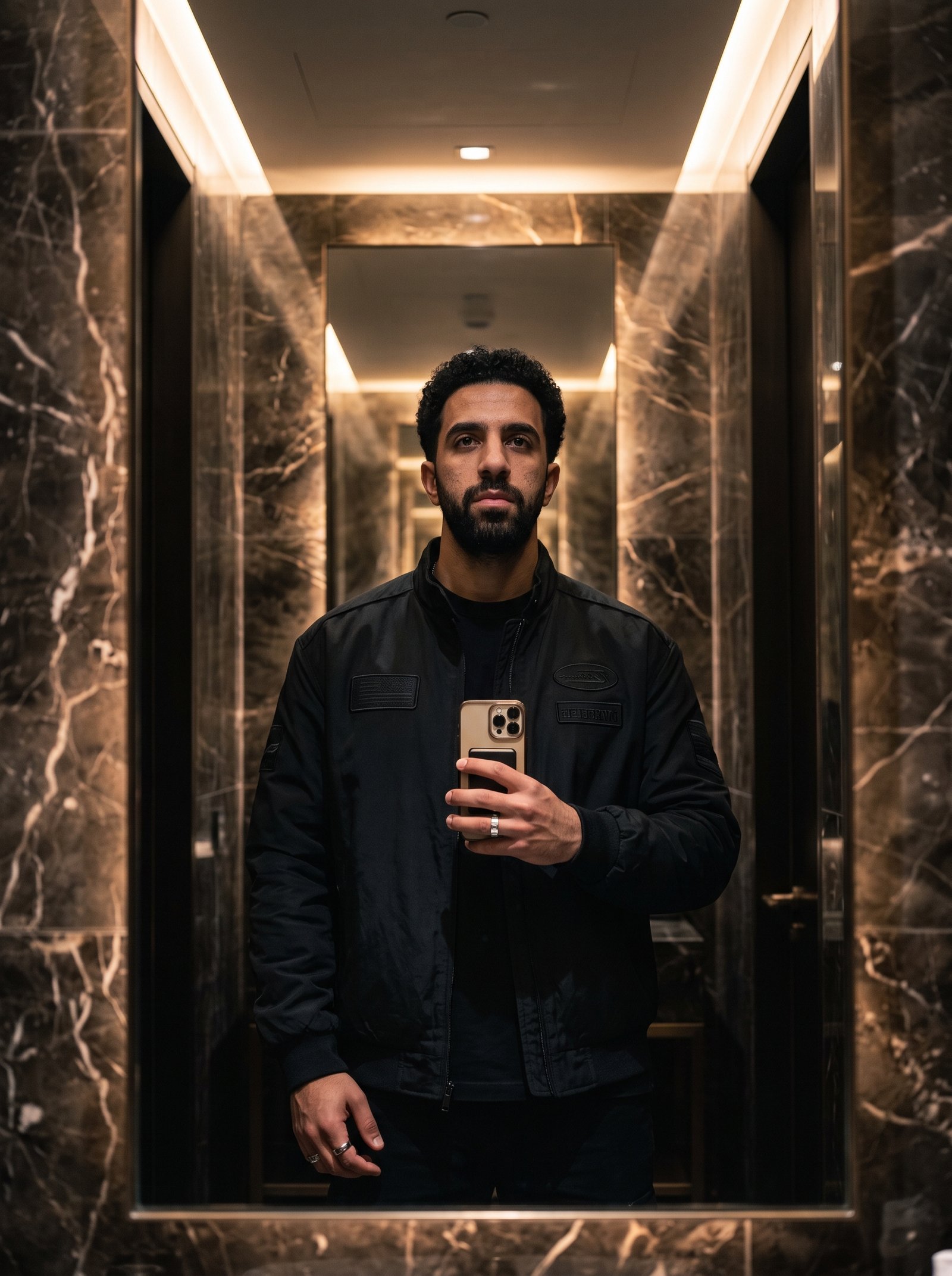Marble mirror night portrait - black racing jacket in luxury bathroom