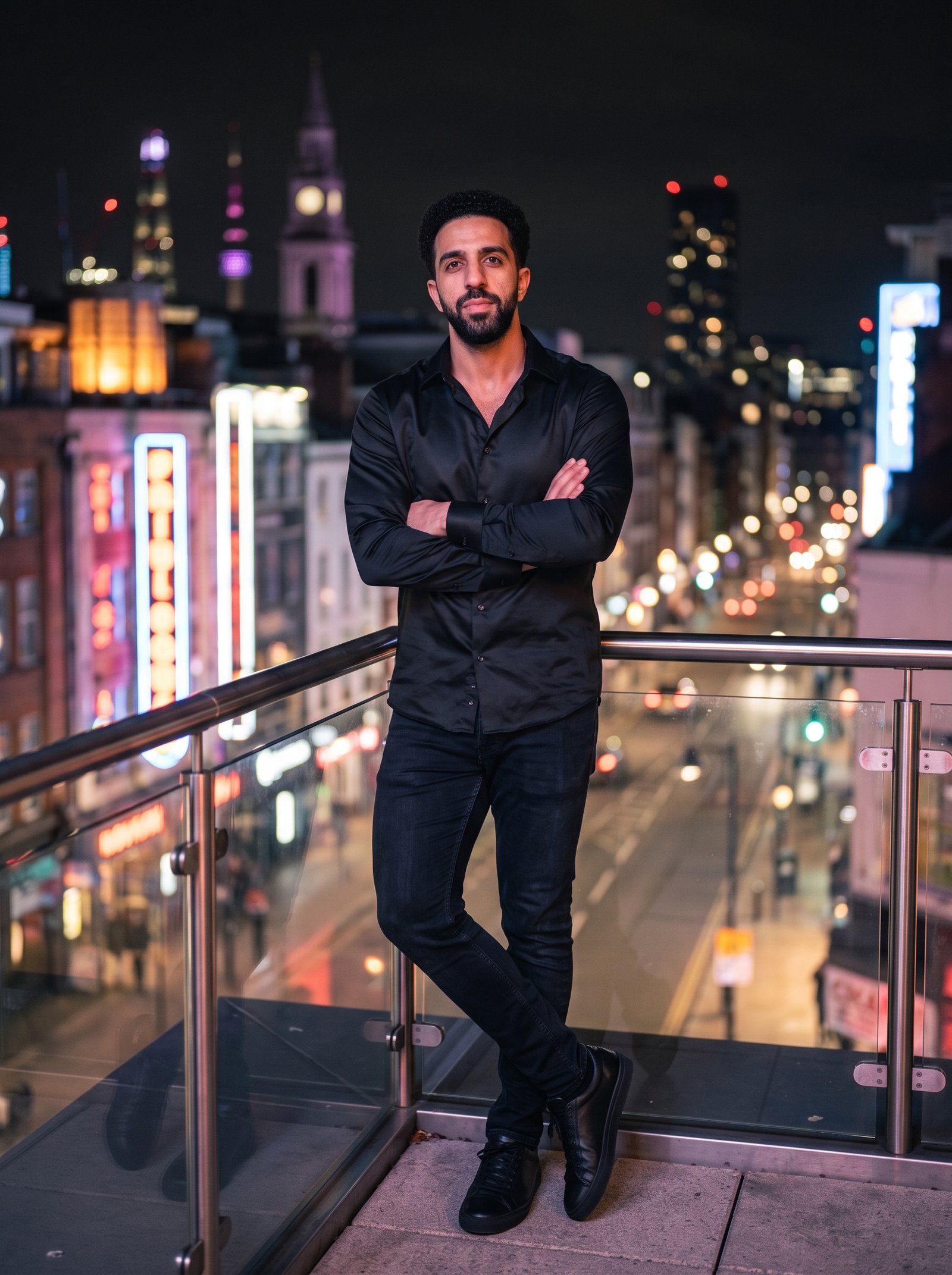 Night rooftop neon portrait - black satin shirt above city lights