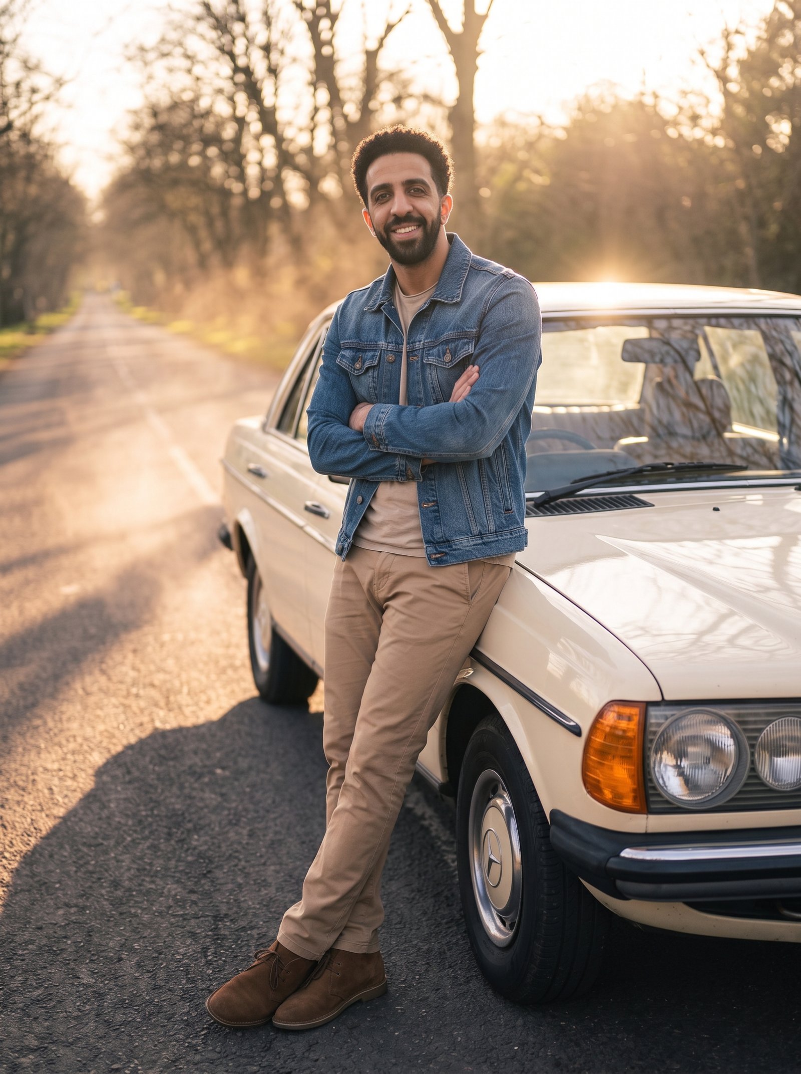Vintage car golden hour - denim trucker jacket leaning on classic sedan