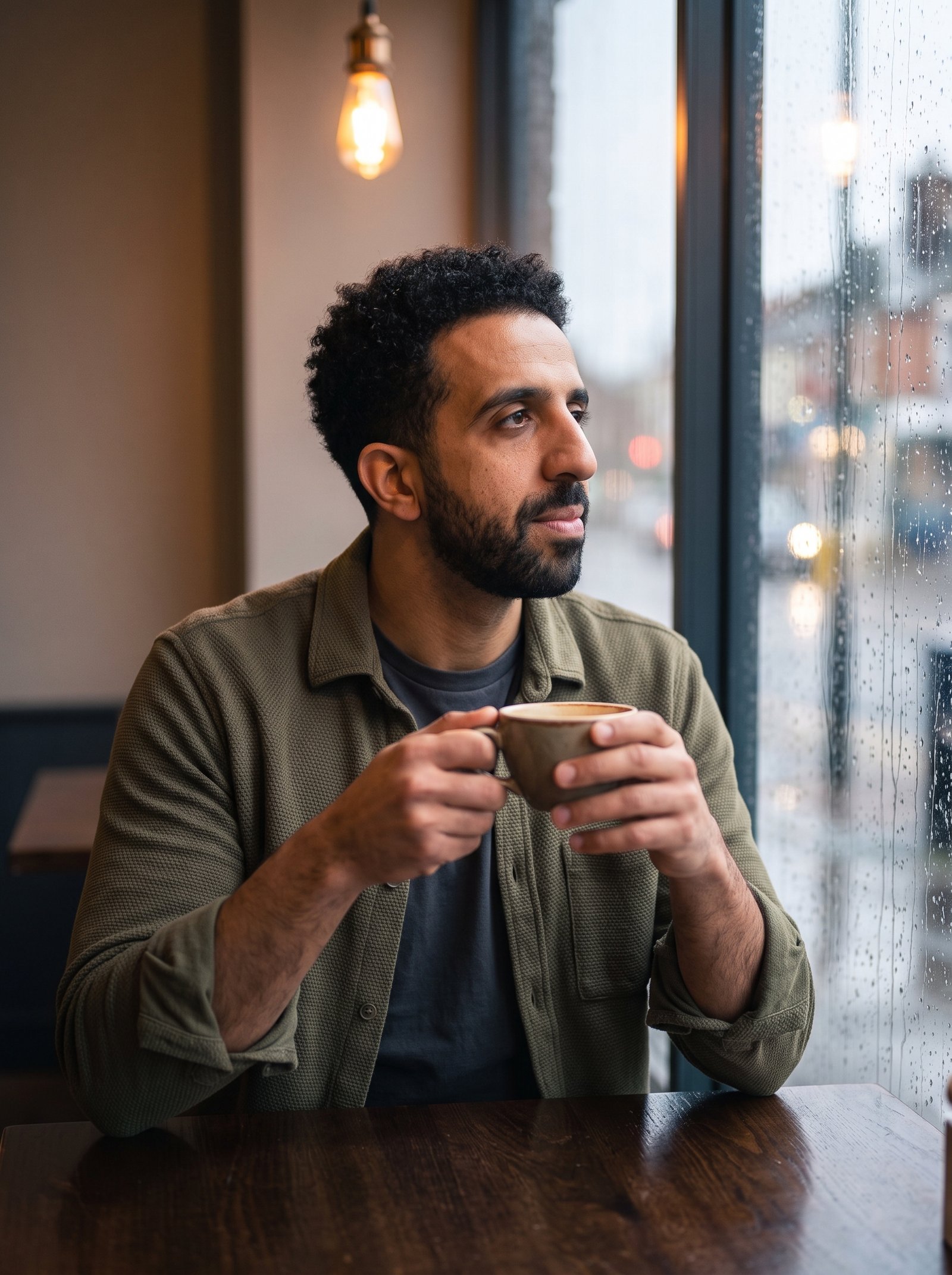 Rainy cafe window portrait - olive knit overshirt with coffee cup