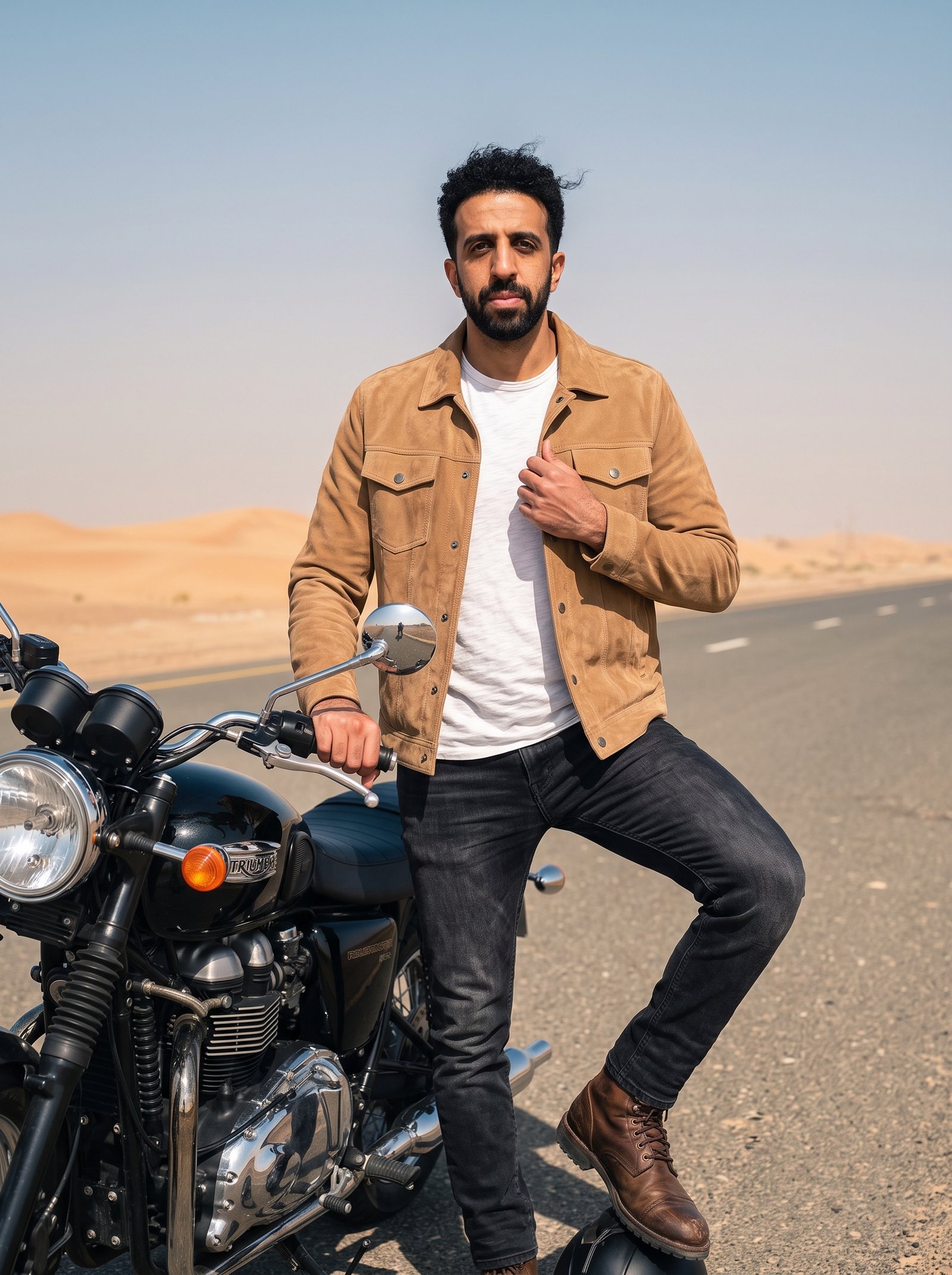 Desert highway biker portrait - suede trucker jacket beside motorcycle