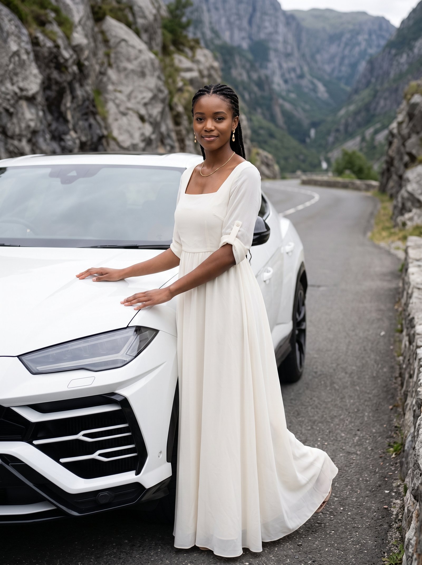 Ivory maxi mountain SUV - chiffon dress beside white performance SUV