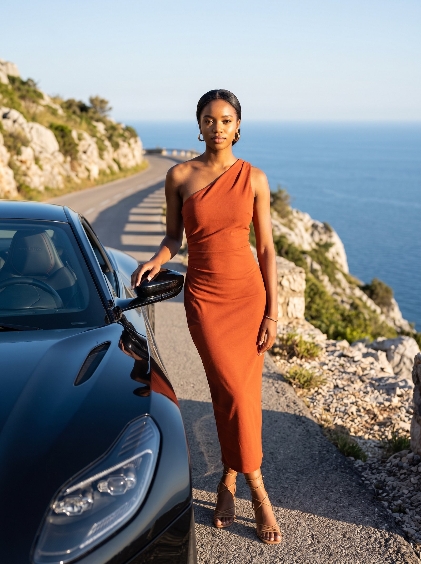 Rust one-shoulder coastal coupe - crepe dress at black sports coupe